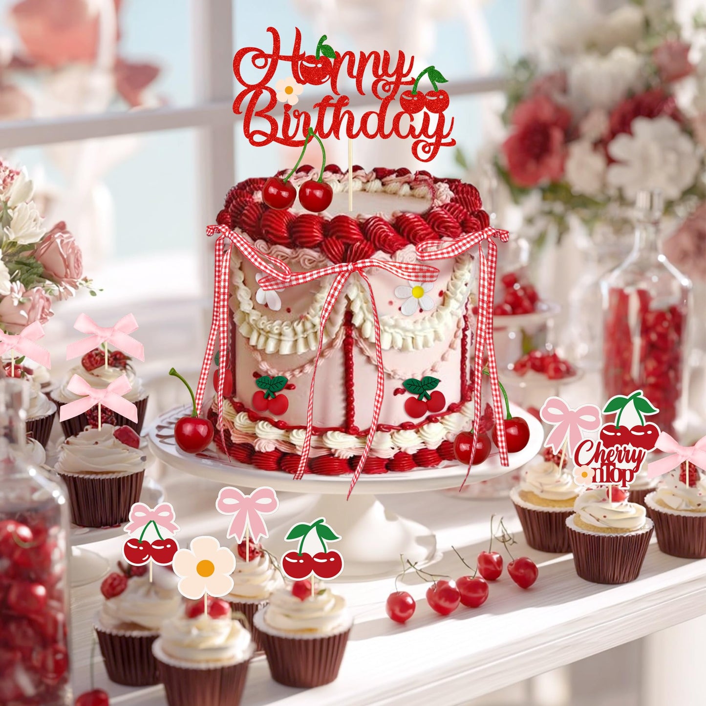 65PCS Cherry Bow Cake Decorations Set Happy Birthday Cherry Cake Topper and Cupcake Bows Decorations for Baby Shower Bridal Shower Graduation Party