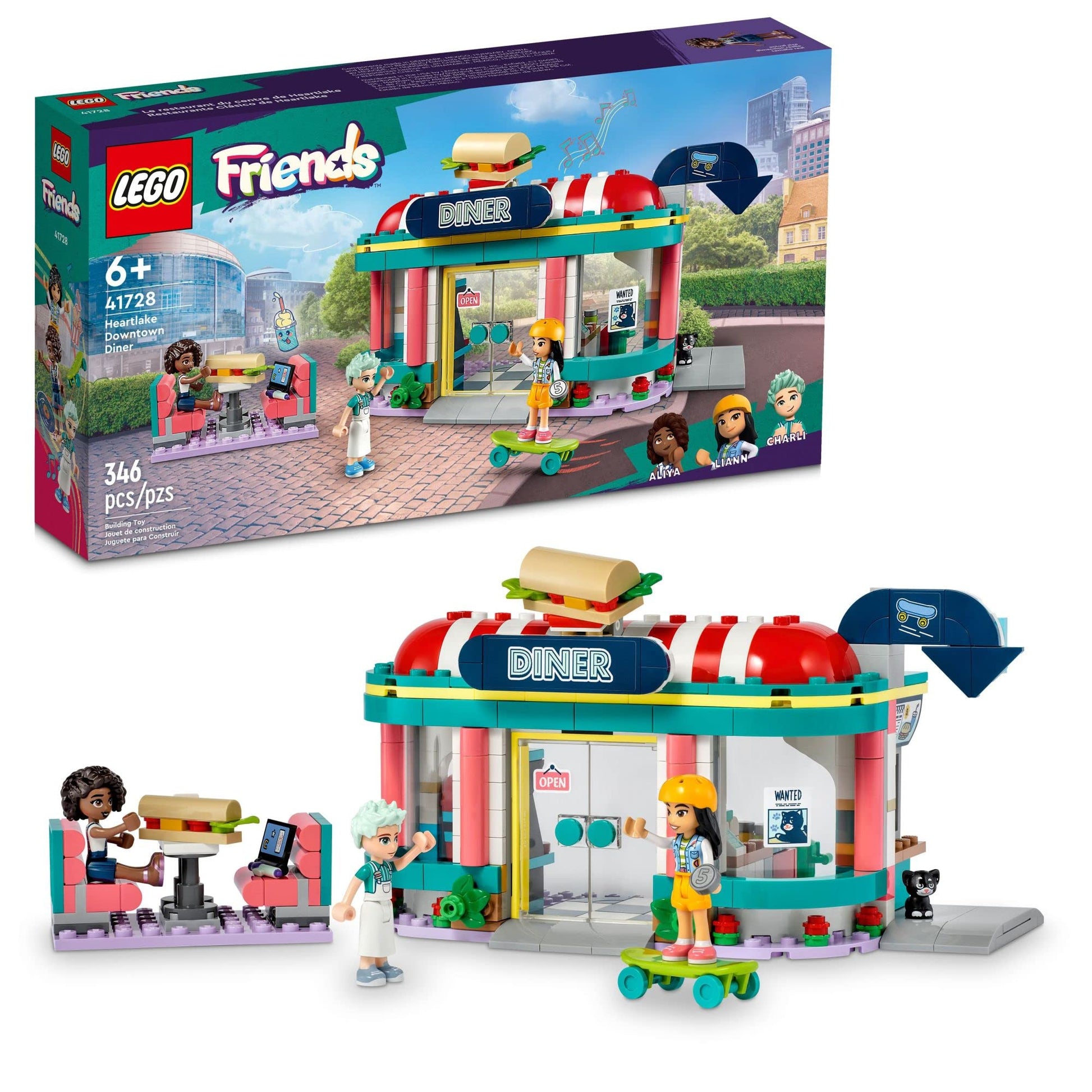LEGO Friends Heartlake Downtown Diner Building Toy - Restaurant Pretend Playset with Food, Includes Mini-Dolls Liann, Aliya, and Charli, Birthday Gift