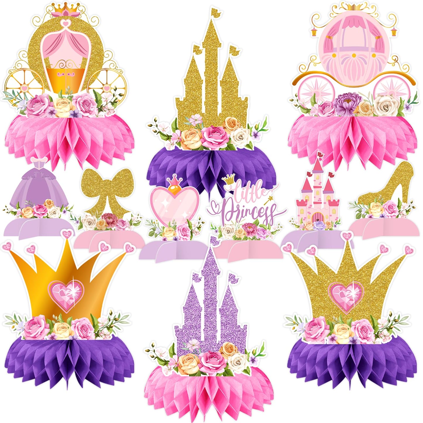 12 Pcs Princess Castle Honeycomb Centerpieces - Little Princess Party Table Decorations with Crowns, Castles, Bows and Hearts for Birthday Party, Baby