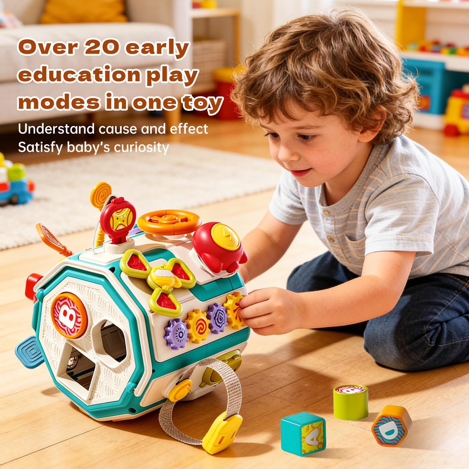 ZIYOSTAR 20-in-1 Busy Board Activity Cube, Educational Sensory Learning Toy for 1 2 3 Year Old Toddlers, Developmental Fine Motor Skills, Shape Sorter