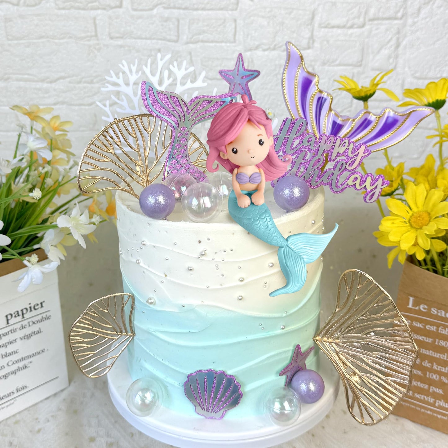 Mermaid Cake Toppers with Shell Starfish Fishtail Balls for Mermaid Birthday Supplies (Style1)