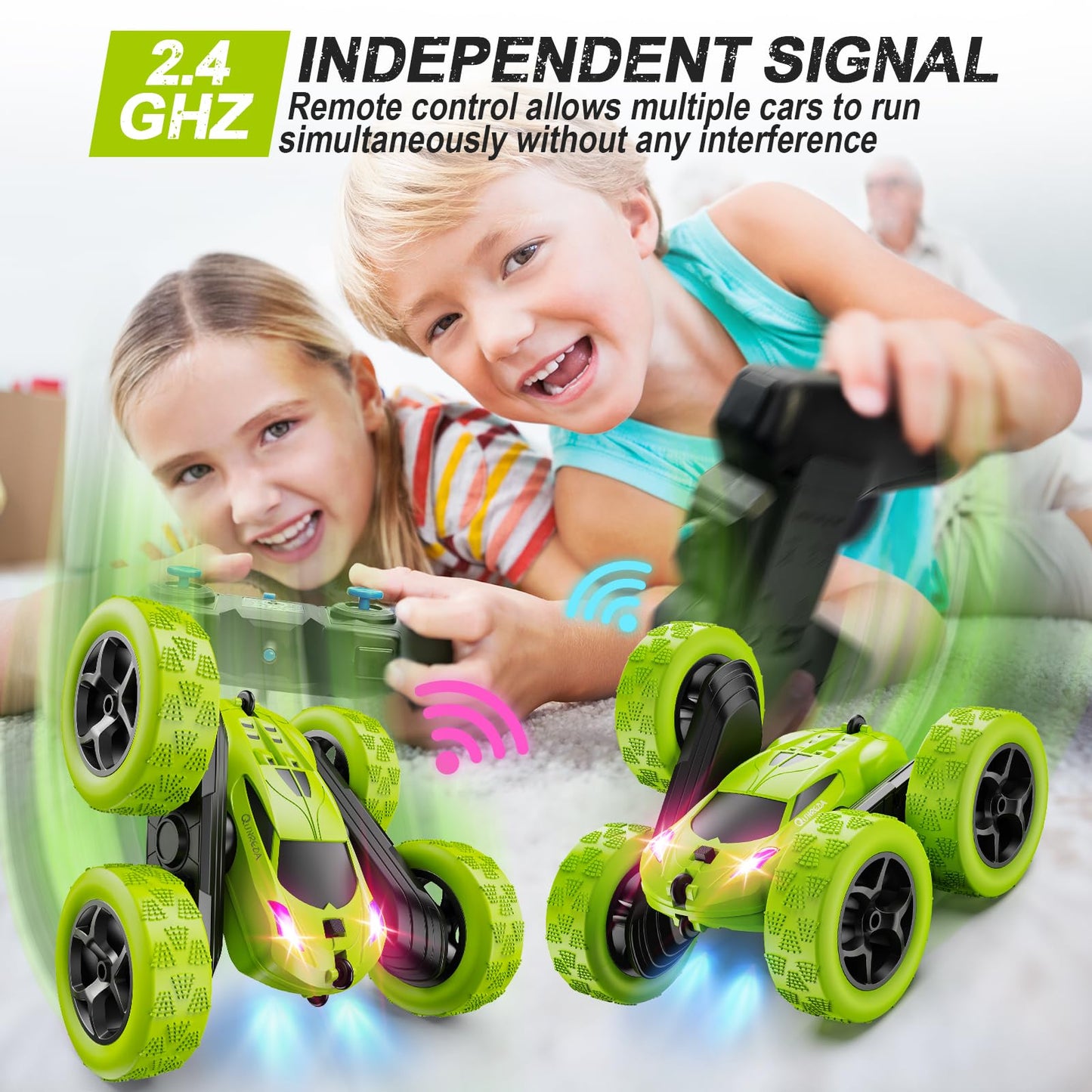QUNREDA Remote Control Car for Kids Ages 6+, RC Cars Stunt Car Toy 4WD Double Sided 360° Rotating Remote Control with Headlights, Birthday Xmas Gifts