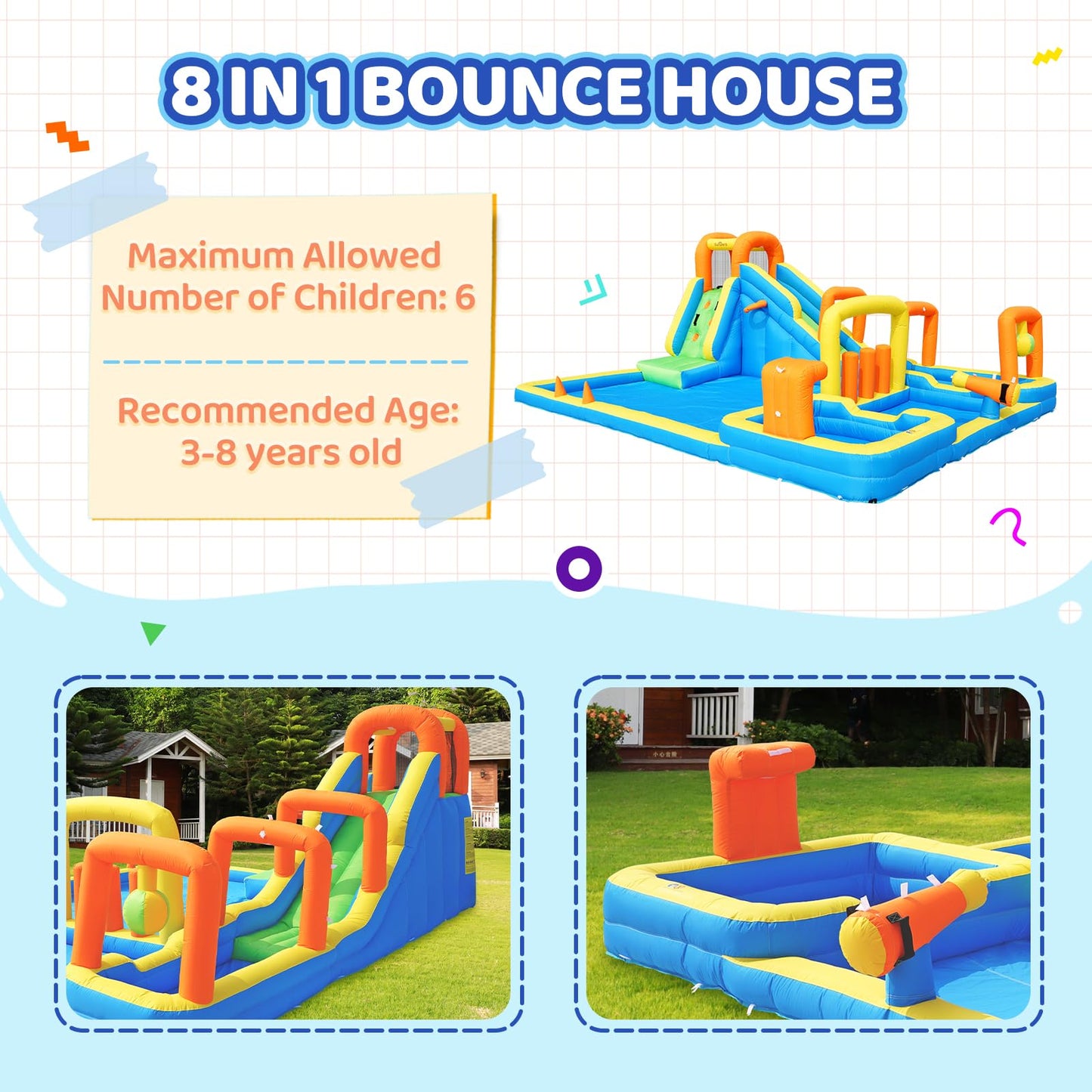 Inflatable Bounce House with Water Slide, Kids Bouncy Castle for Backyard, Outdoor Water Park, Bouncy House Party Fun, Inflatable Slide and Pool Ages