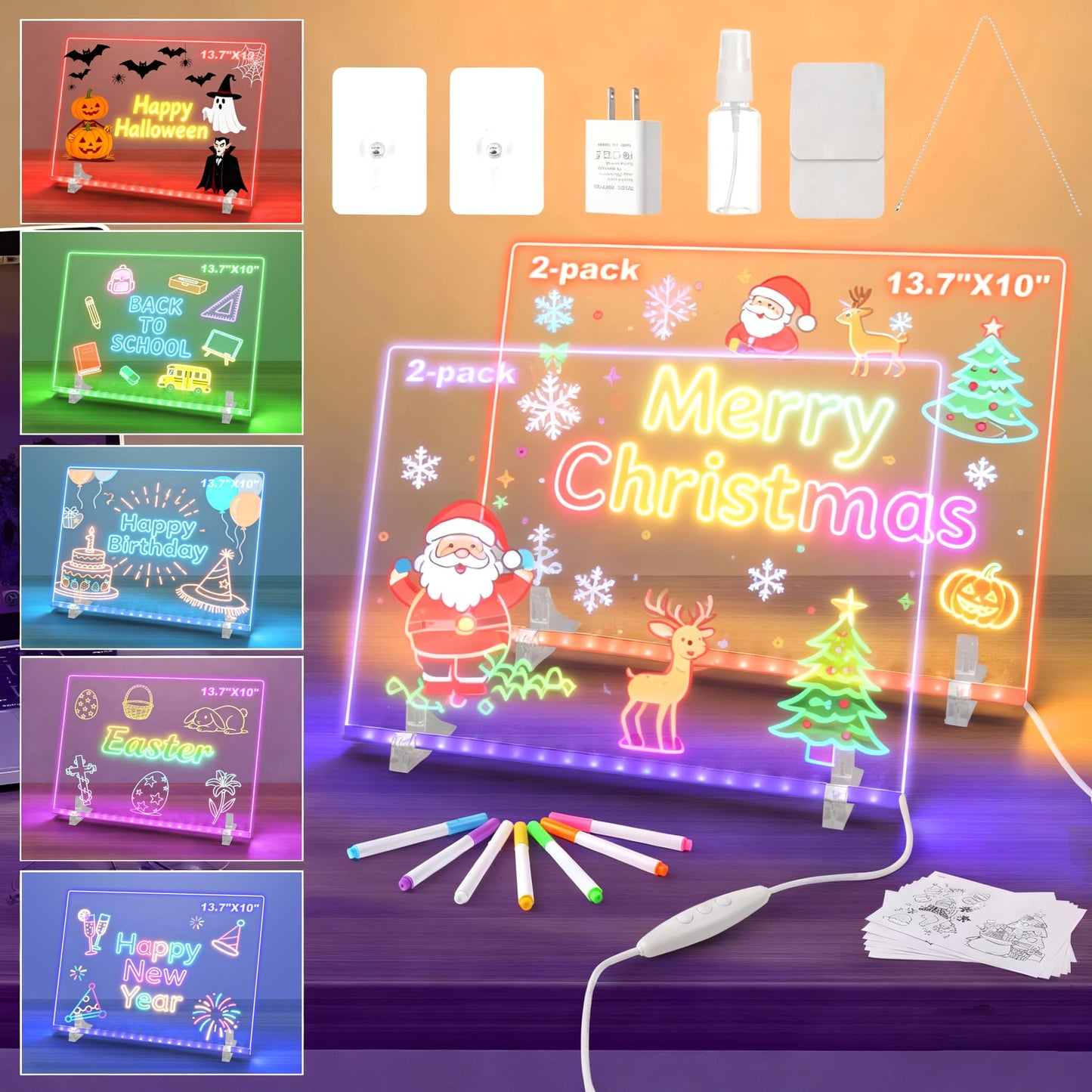 LED Note Board 2-Pack- 13.7x10 inch Acryic Dry Erase Board with 7 Colrs and 4 Modes - for Kids Draing and Kindergarten Graduation Gifts for Toddlers