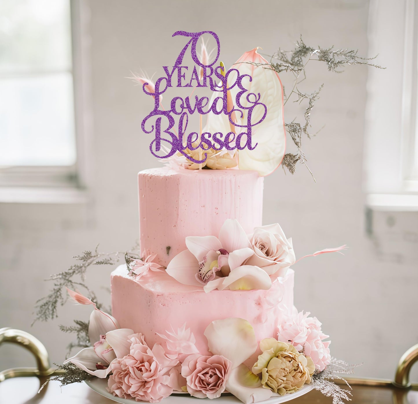 AHAORAY 70 Years Loved Cake Topper - Deep Purple Glitter 70th Birthday Cake Decorating Supplies, Perfect for 70th Anniversary or Birthday Photo Booth