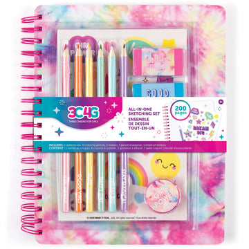 3C4G Tie Dye Pastel All-in-1 Sketchbook Set - Sketch Book for Kids with Pencils, Stickers & More - Drawing Kit for Kids - Unlined Diary for Girls