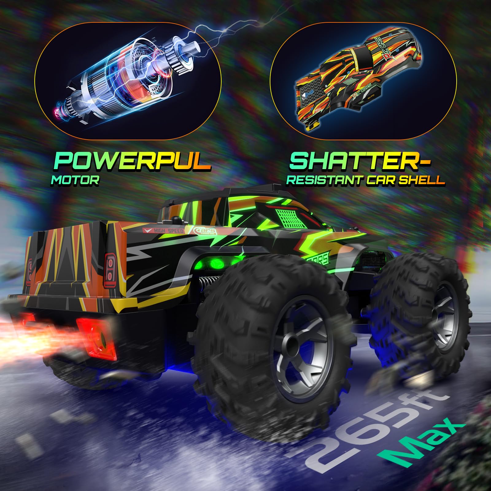 Remote Control Car for boys, 1:16 Scale All Terrain RC Cars,High Speed 25Km/h Fast Car with Colorful Led Light and spray, 2x1300mAh Rechargeable
