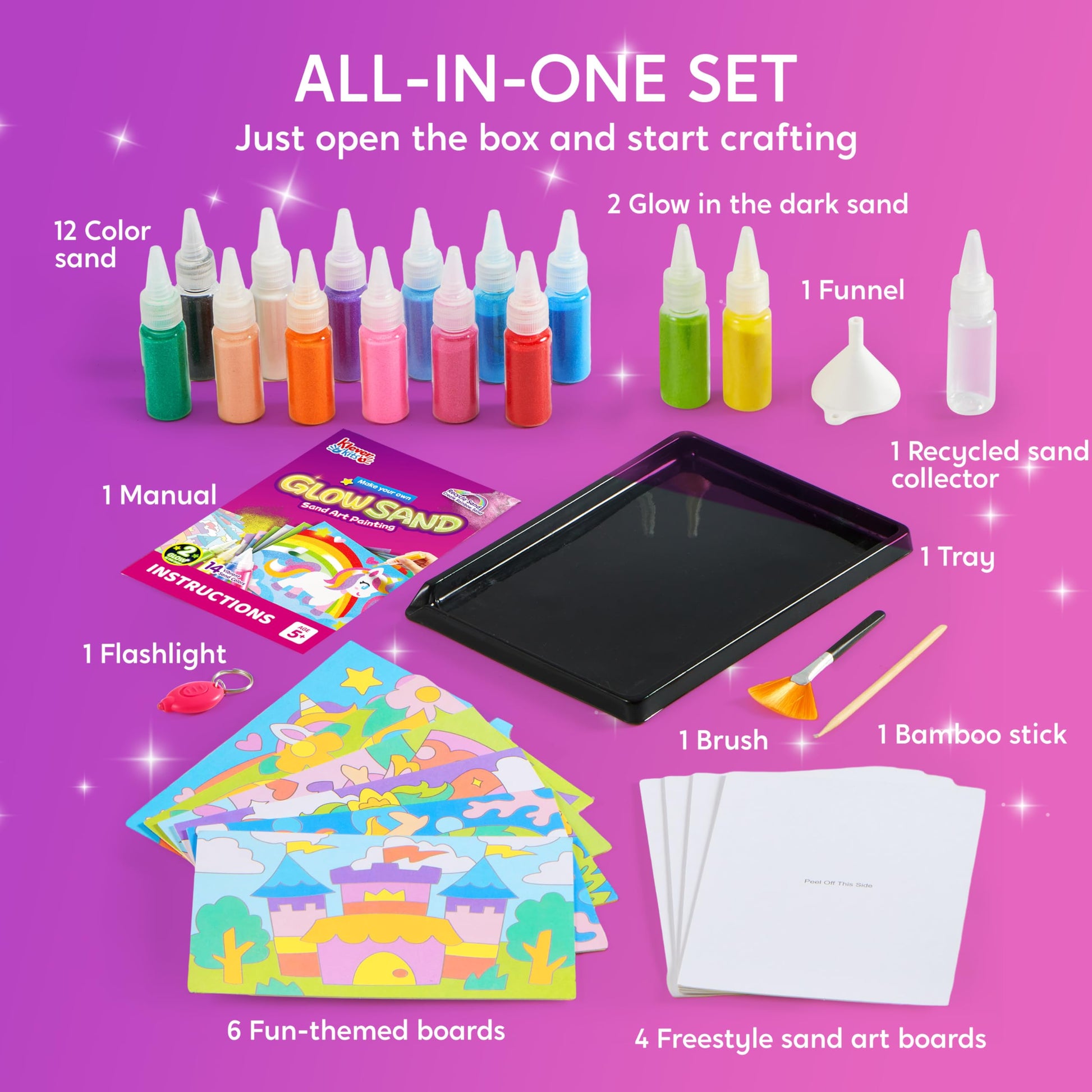 JOVA Klever Kits Glow Sand Art Kits for Kids, Glow in The Dark Sand Painting with 14 Colors, Kids Crafts, 6 Fantasy Templates & 4 DIY Sheets, Mess