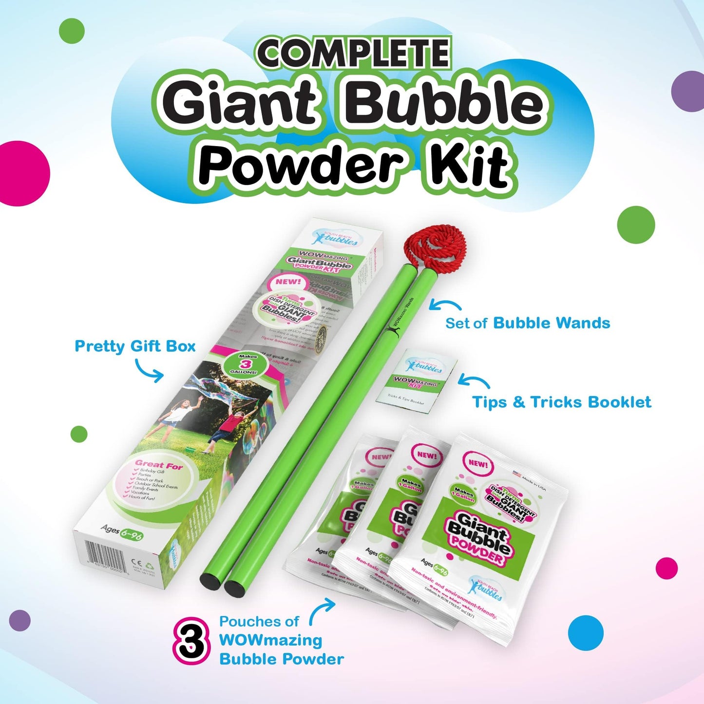 WOWmazing Giant Bubble Powder Kit: Include Large Bubble Wand and 3 Packet of Big Bubble Powder (Makes 3 Gallons) | Outdoor Toy for Kids, Boys, Girls |