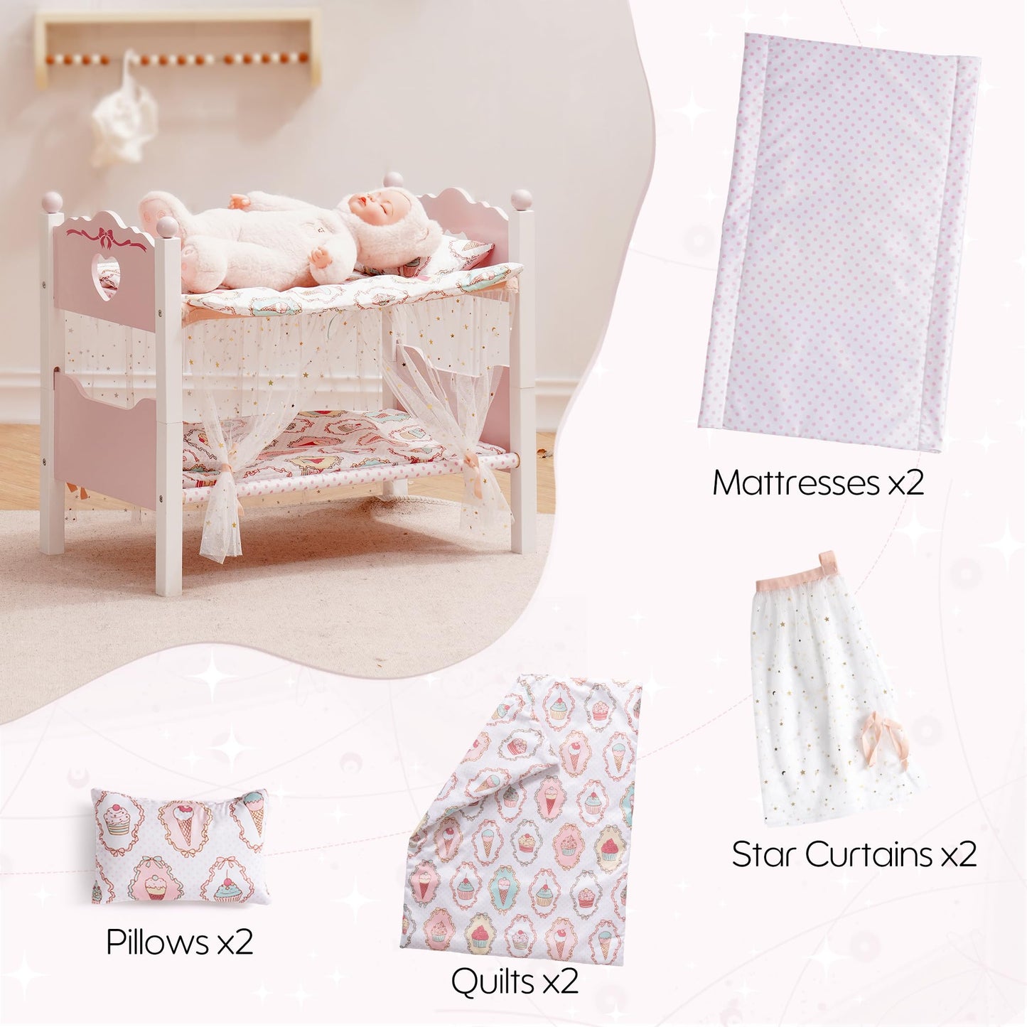 ROBOTIME Baby Doll Bunk Beds, Wooden Baby Doll Crib with Starry Curtain, Stackable Toy Crib for 18 Inch Dolls, Doll Bed Playset with Bedding
