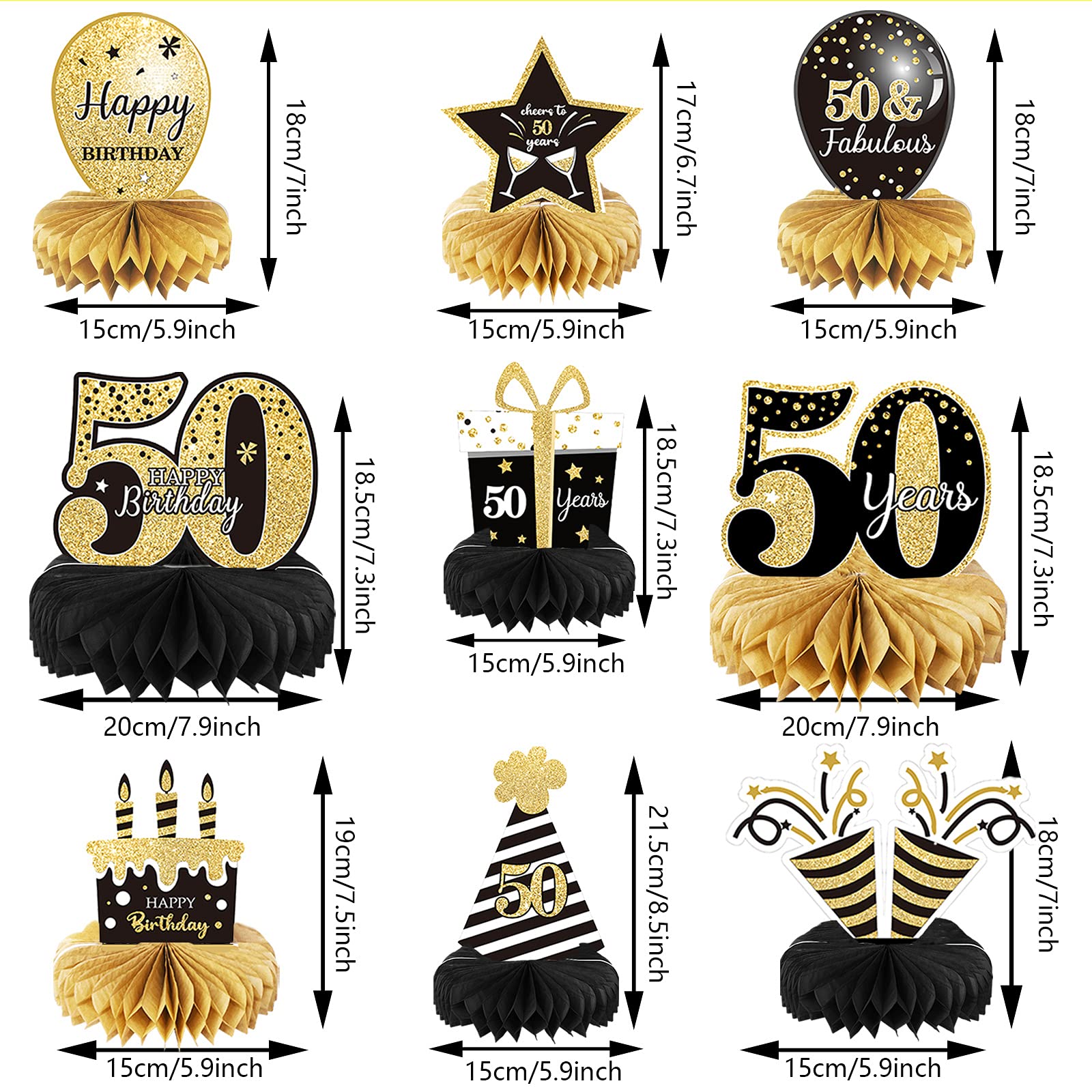 9 Pieces 50th Birthday Decoration 50 th Birthday Centerpieces for Tables Decorations Cheers to 50 Years Honeycomb Table Topper for Men and Women Fifty