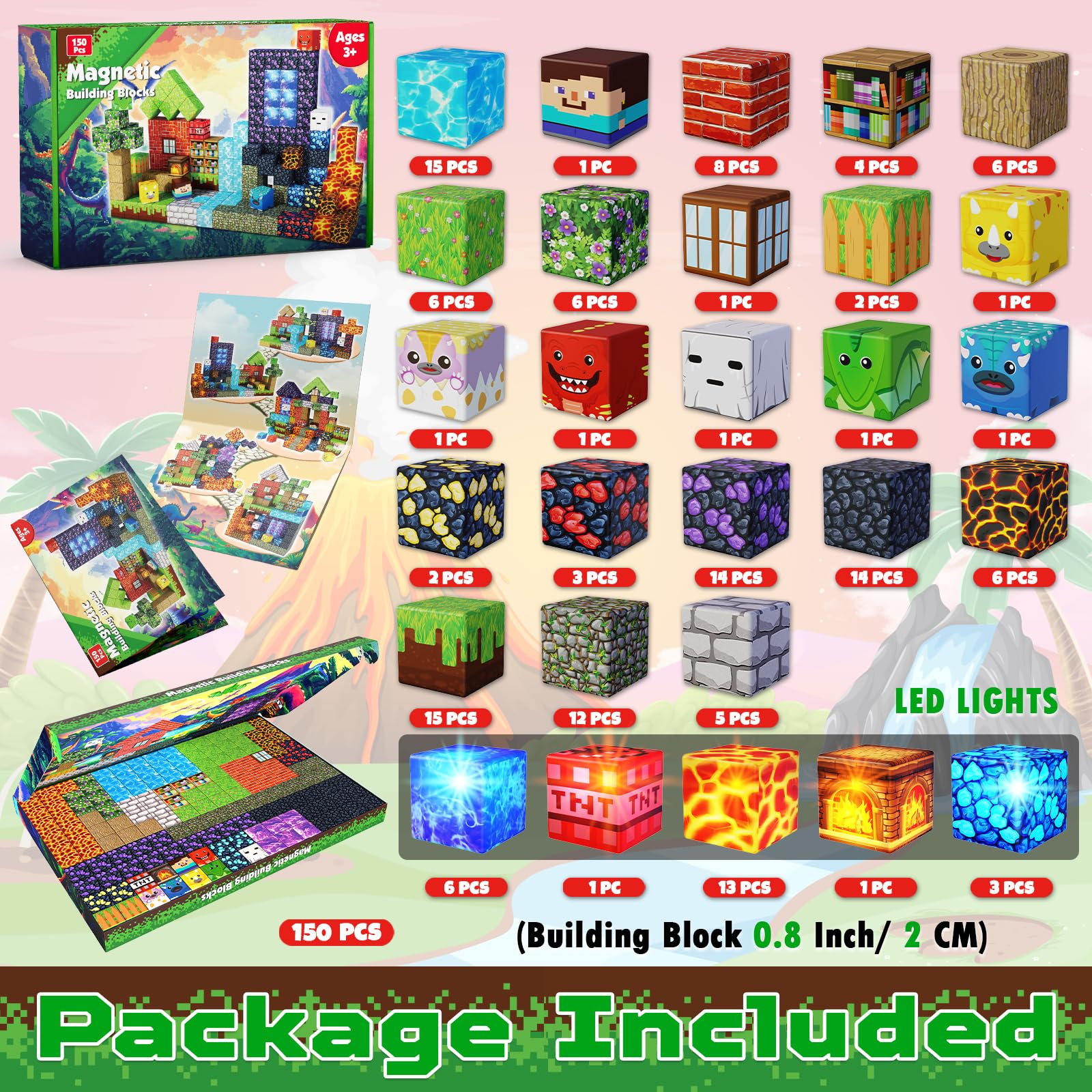 Magnetic Blocks - 150 PCS Dinosaur Volcano Forest Castle Set with Light Up Blocks - Kids Classroom Sensory Toy for Toddlers STEM, Construction
