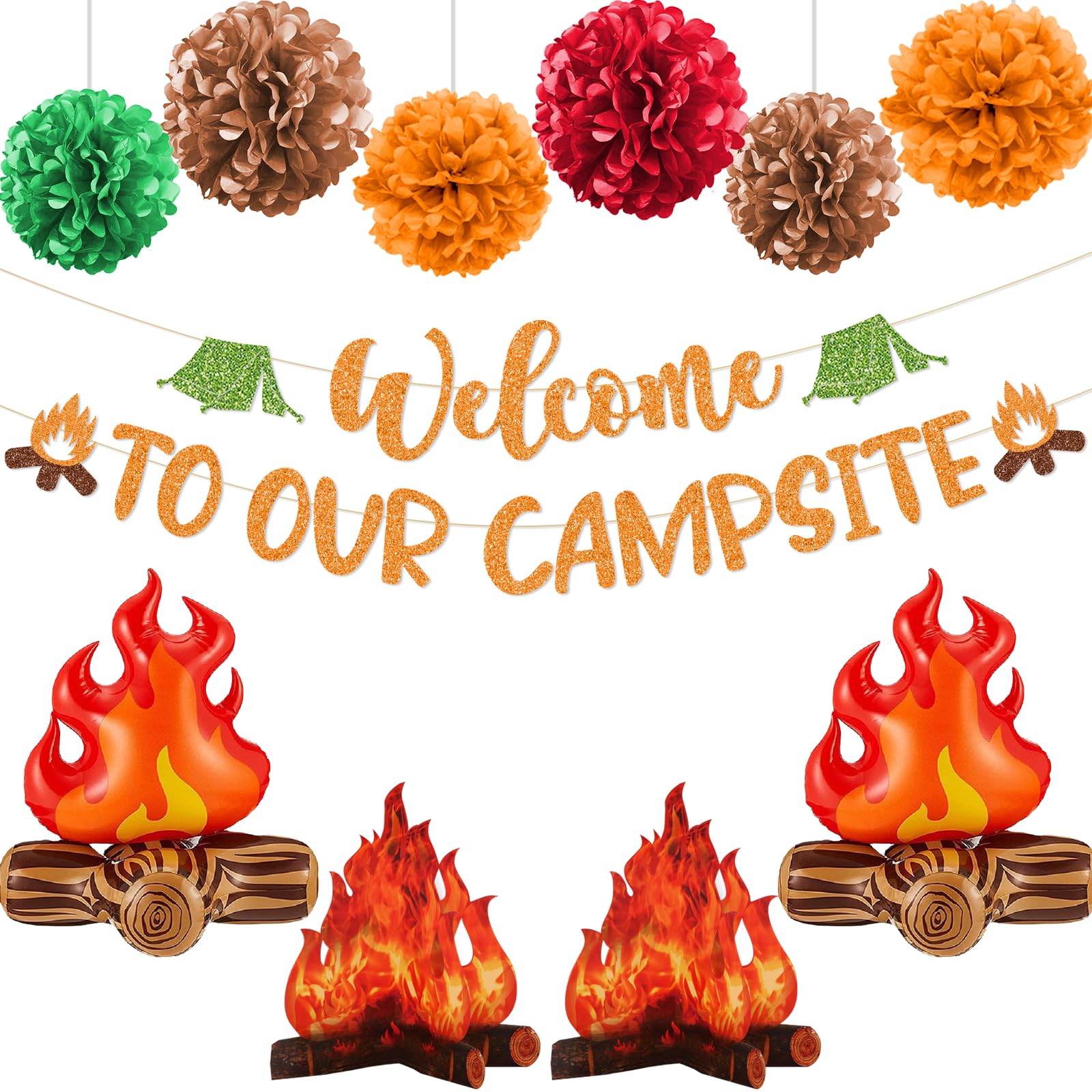 Camping Party Decorations, Welcome to Our Campsite Banner 3D Campfire Centerpiece Pom Poms Balloons, Camping Decorations for Classroom, Camping Themed
