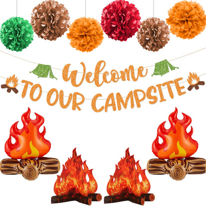 Camping Party Decorations, Welcome to Our Campsite Banner 3D Campfire Centerpiece Pom Poms Balloons, Camping Decorations for Classroom, Camping Themed