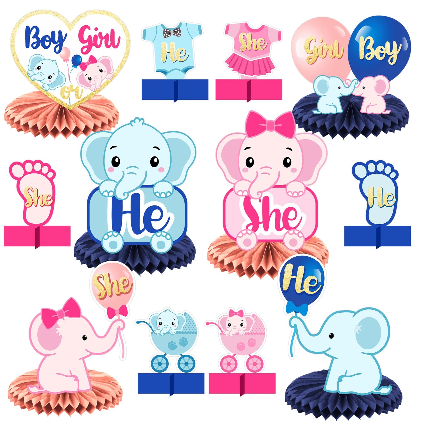 He or She Cute Elephant Honeycomb Centerpieces Animal Theme Decorations Decor for Gender Reveal Party Boy or Girl Party Pregnancy Announcement Baby