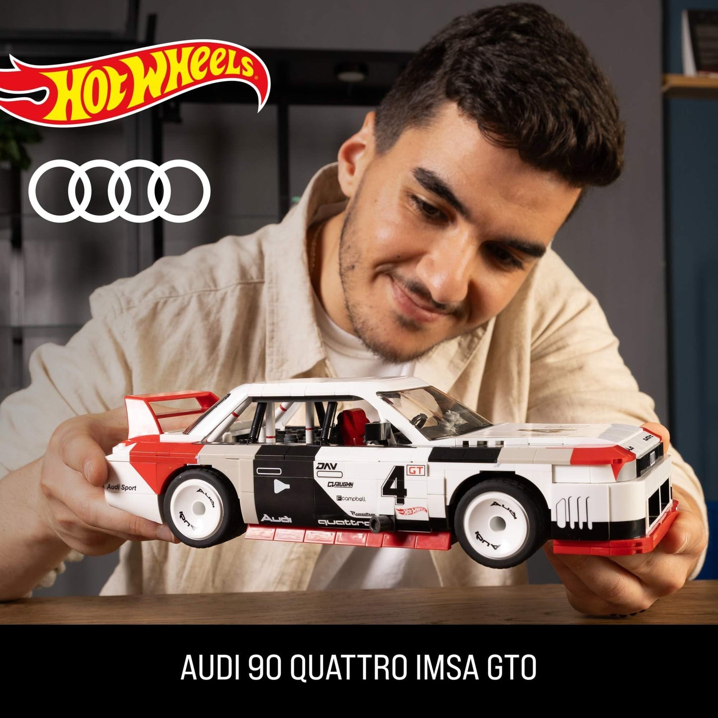 MEGA Hot Wheels Collectible Car Building Toy, Audi 90 Quattro IMSA GTO with 973 Pieces and Die-Cast Model, Build & Display Set for Collectors, Red
