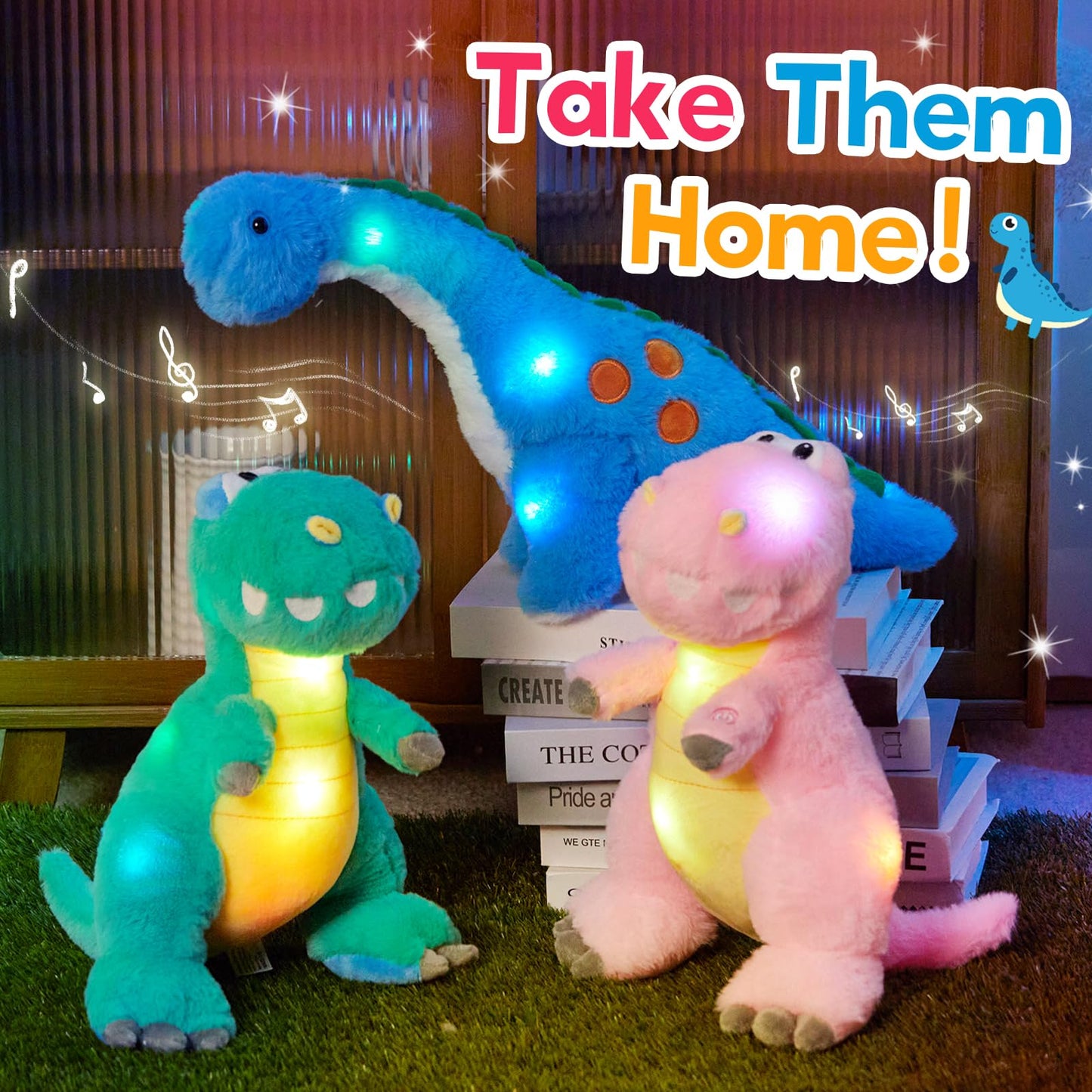Houwsbaby 14" Blue Musical LED Dinosaur Stuffed Animal Floppy Diplodocus Plush Toy Singing Light Up Adorable Long Neck Lullaby Animated Soothe Baby