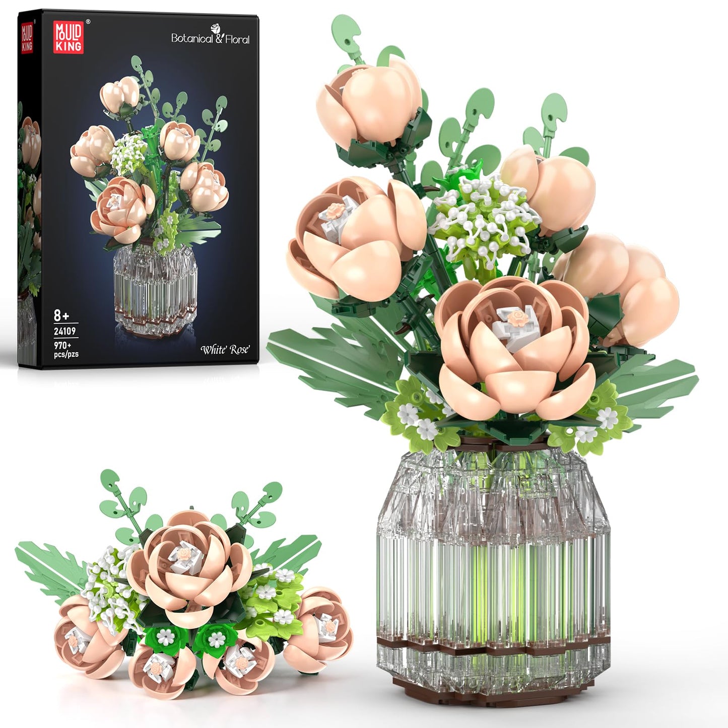 Mould King Botanicals White Roses Building Set - Artificial Plant & Flower Realistic Building Blocks for Women & Men, Adults - Home, Office Decor Gift
