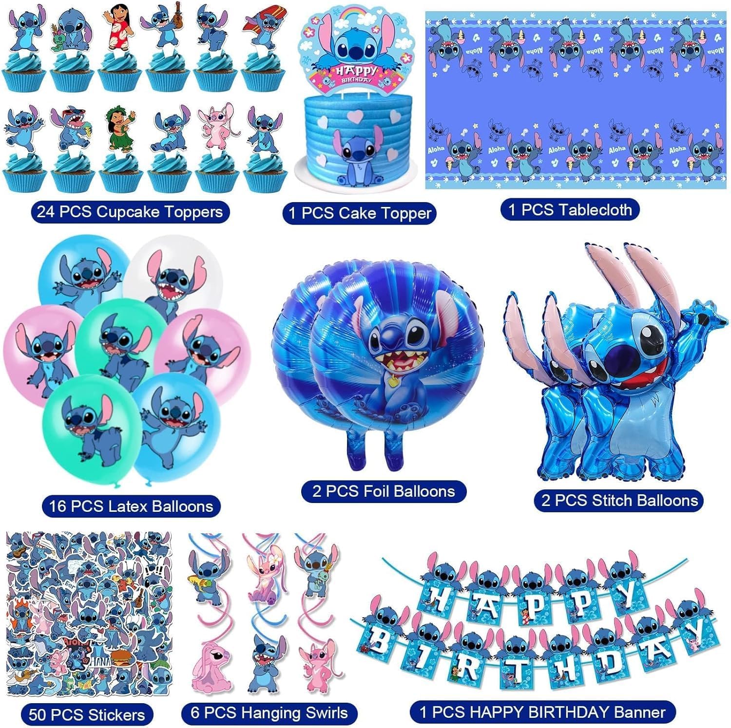 103PCS Stitch Party Supplies, Birthday Decorations Set Include Banner, Balloons, Stickers, Hanging Swirls, Cake Cupcake Toppers, Tablecloth for Boys