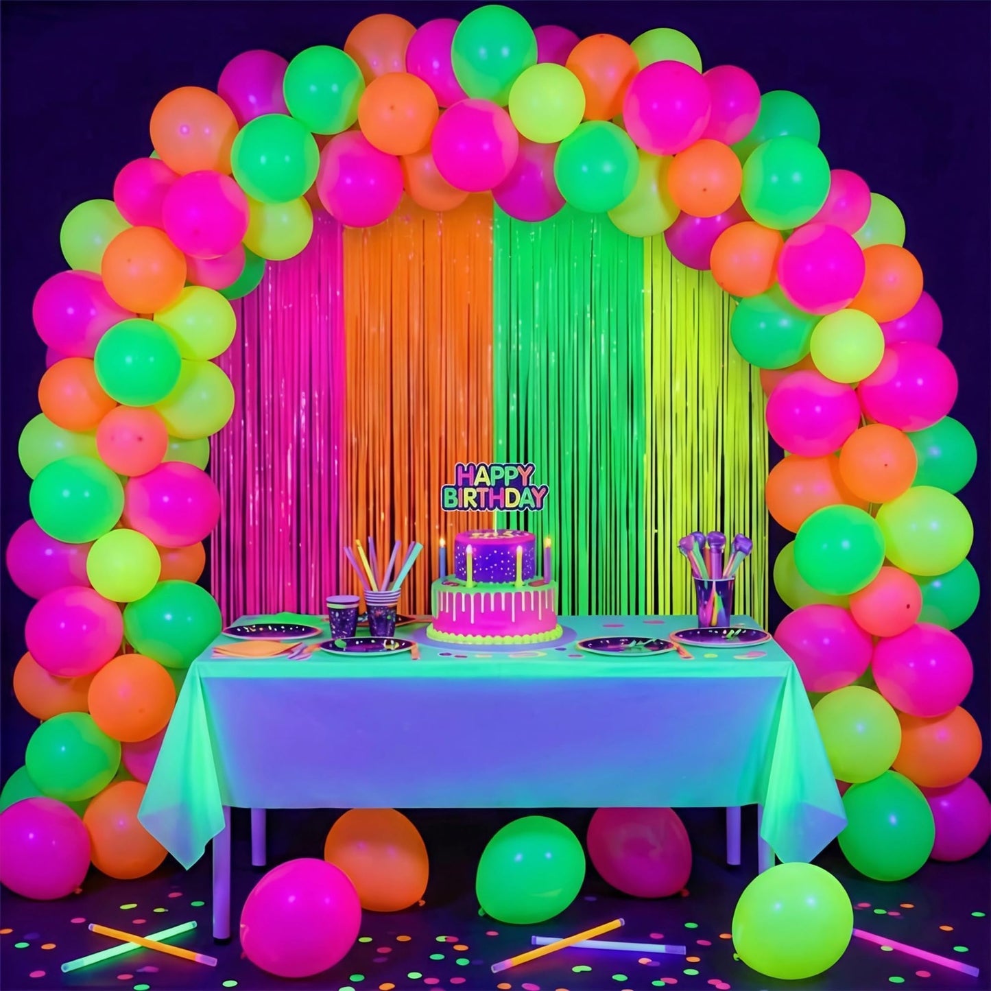 Neon Streamers Backdrop Party Supplies, Glow in Curtains Party Decorations