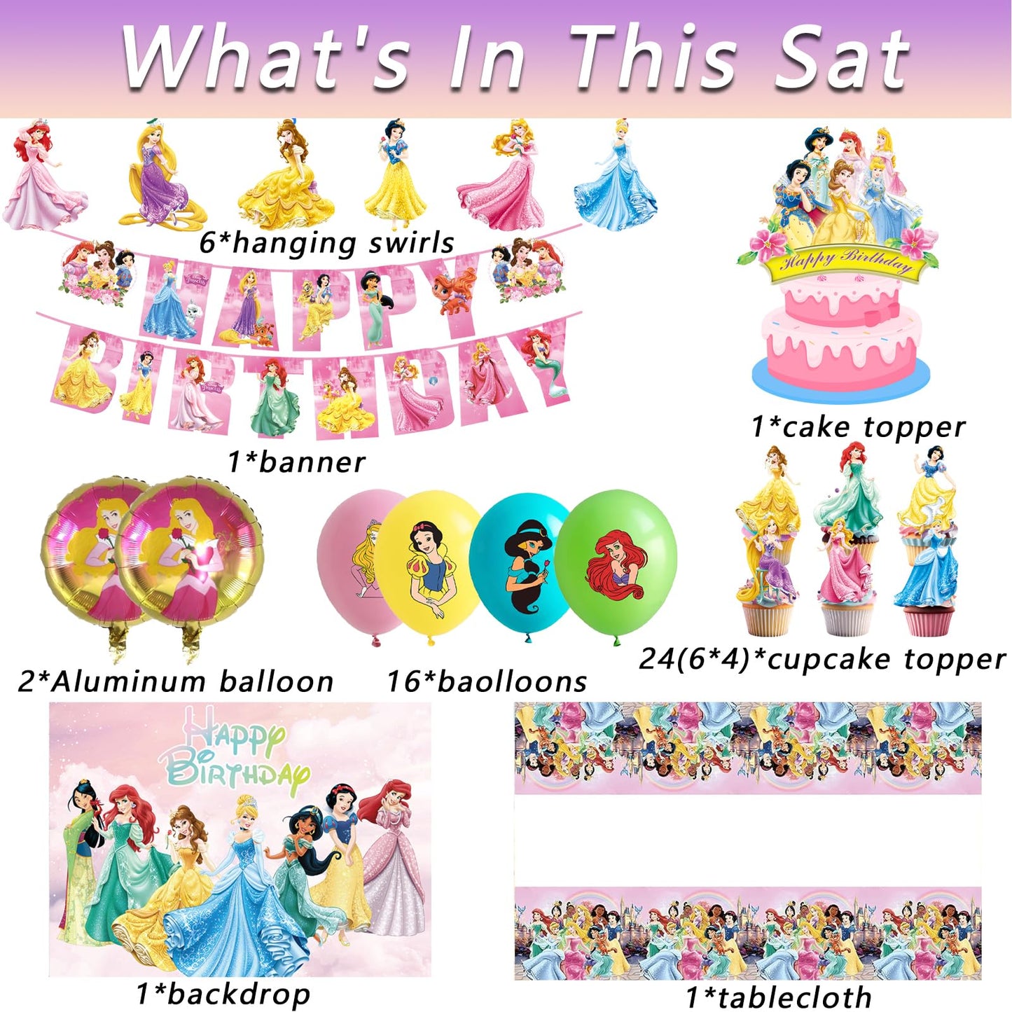 62PCS Disne Princess Party Supplies, Birthday Decorations Set Include Banner, Balloons, Backdrop, Cupcake Toppers, Tablecloth, Hanging Swirls for Kids