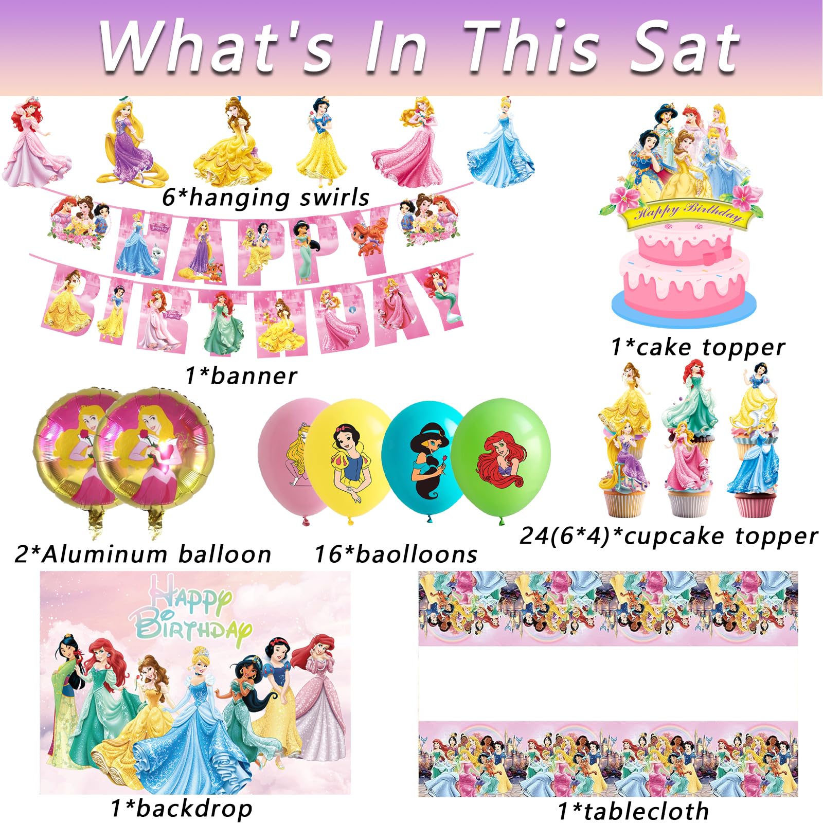 62PCS Disne Princess Party Supplies, Birthday Decorations Set Include Banner, Balloons, Backdrop, Cupcake Toppers, Tablecloth, Hanging Swirls for Kids