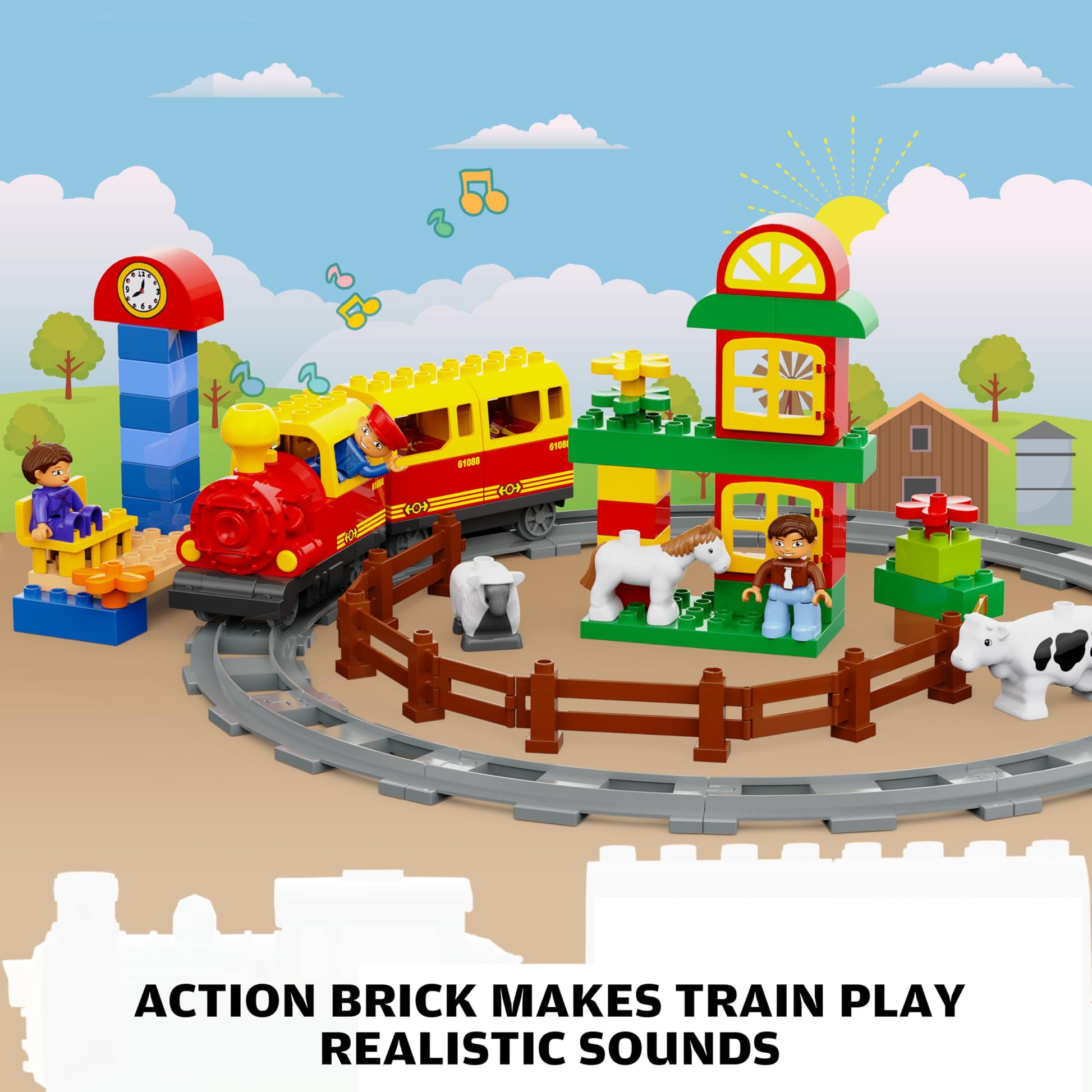 Electric Train Toys w/Farm Animals Set/Toy Trains Set for Toddlers & Kids w/Music, Lights & Tracks, DIY Classic Big Building Blocks Compatible