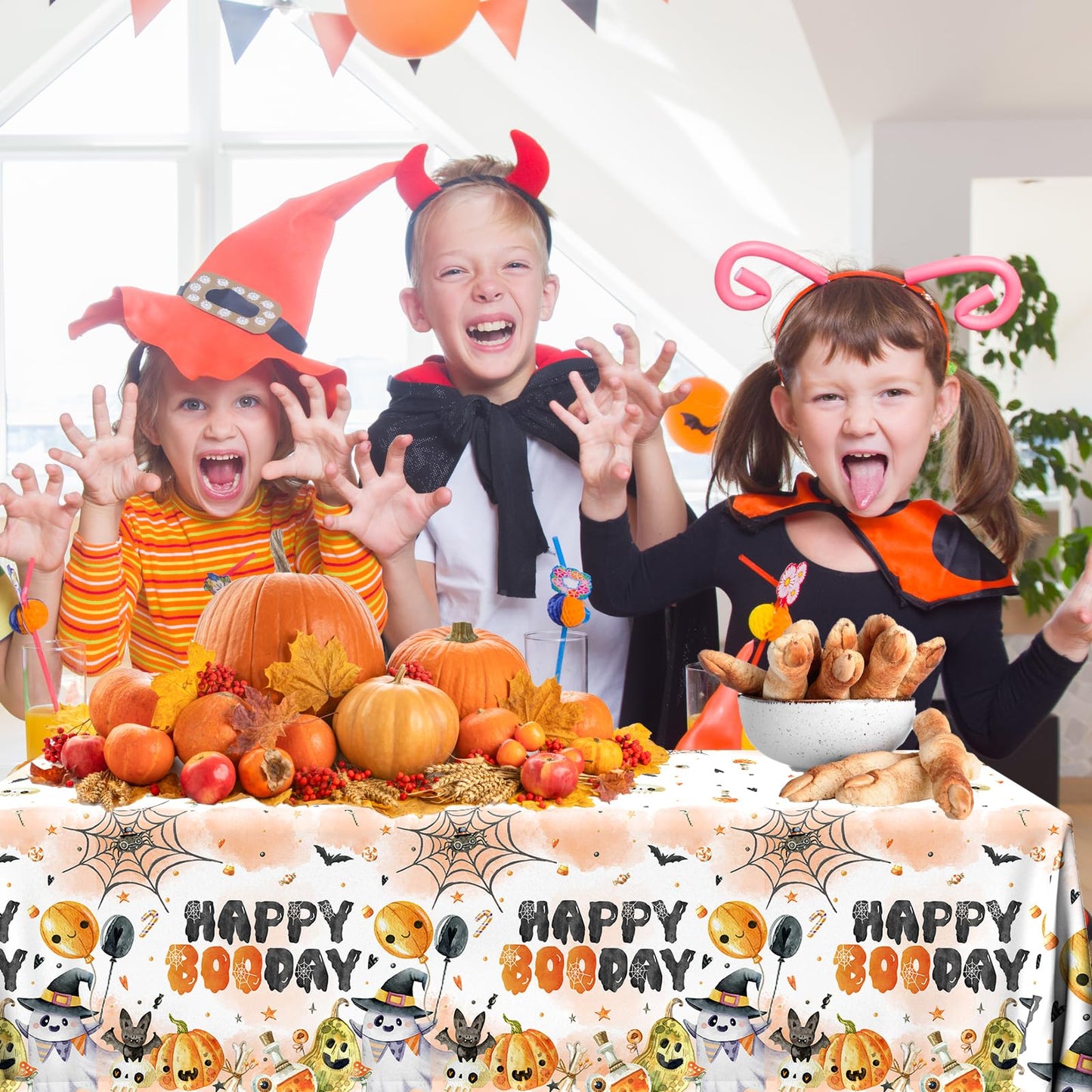 CMUSKO Halloween Happy Boo Day Tablecloth, 3Pcs Orange Black Ghost Pumpkins Plastic Booday Tablecloth,Boo Day Table Cover for Halloween Birthday Baby
