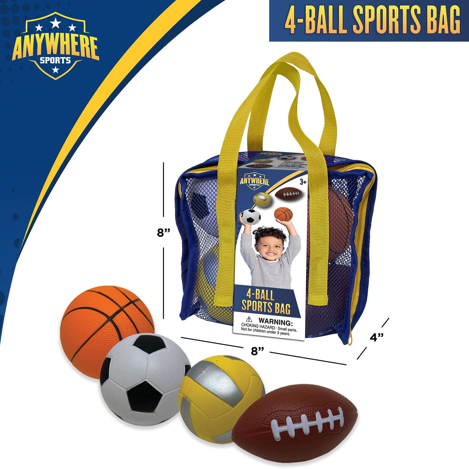 Nature Bound Mini 4-Ball Sports Bag - Soft Foam Balls Set for Kids - Basketball, Soccer, Volleyball, Football - Safe Indoor and Outdoor Play - No Pump