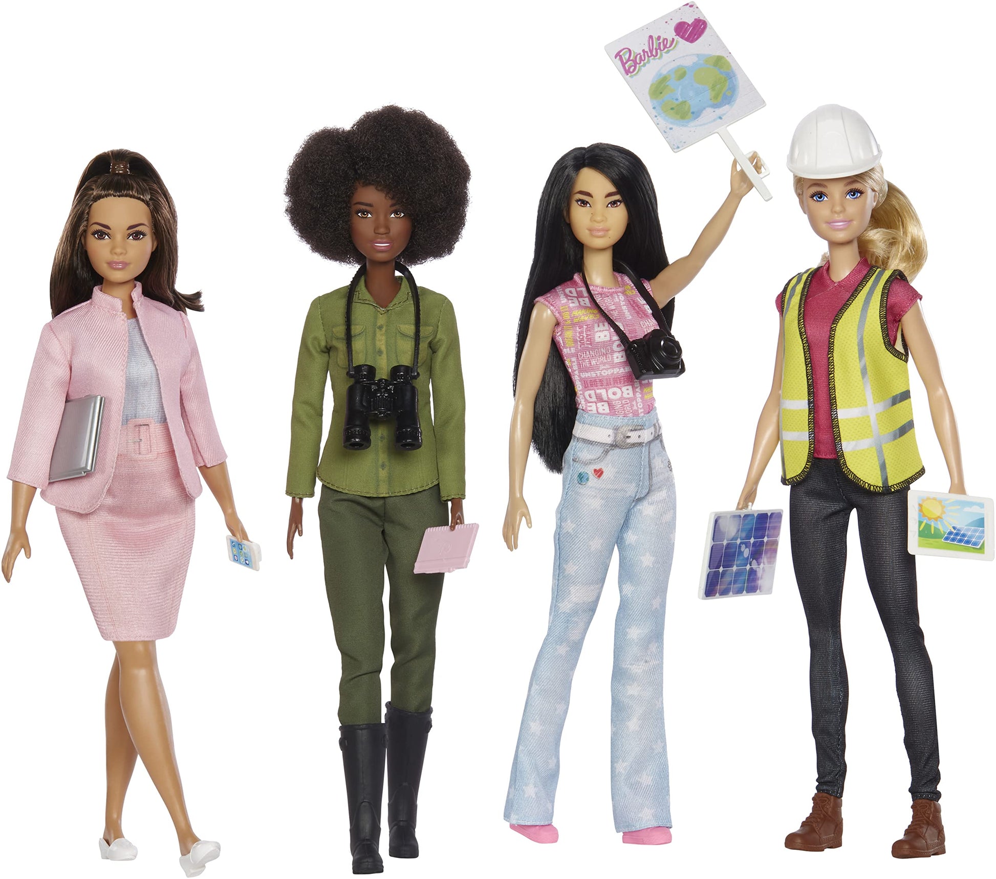 Barbie Eco-Leadership Team 4 Doll Set, Recycled Plastic (Except Head & Hair), Recycled Clothes Fabric, Accessories, for Ages 3 Years Old & Up