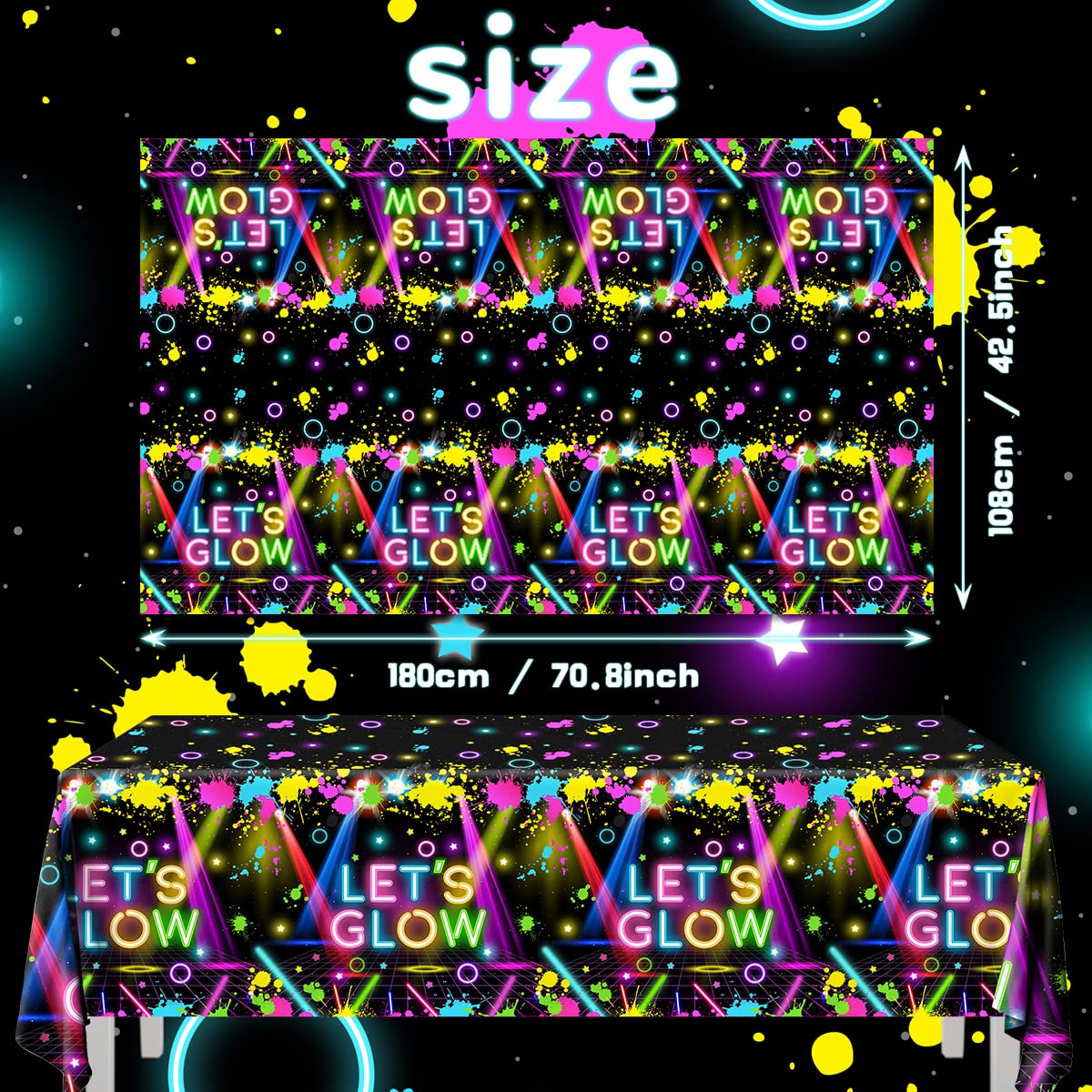 HAKOTI 3Pack Neon Tablecloth,Glow Party Supplies Neon Birthday Rectangle Table Cover Let's Glow Theme Table Decoration for Birthday Baby Shower Party