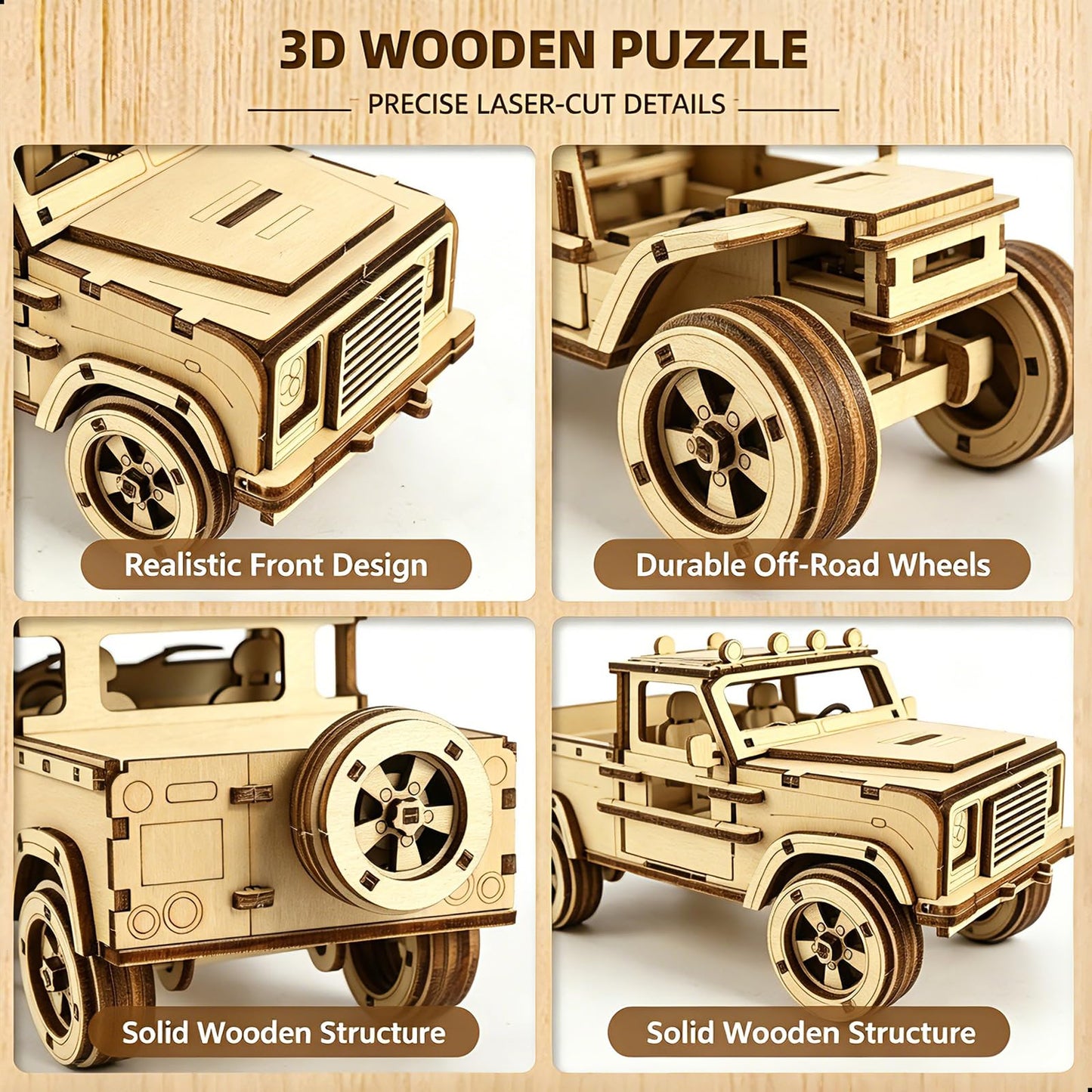 KOLOTESAME Vintage Off-Road Pickup Truck DIY 3D Wooden Puzzle Model, Classic Pickup Car Wooden Model Kit with Moving Doors & Wheels, 152 Pieces Craft