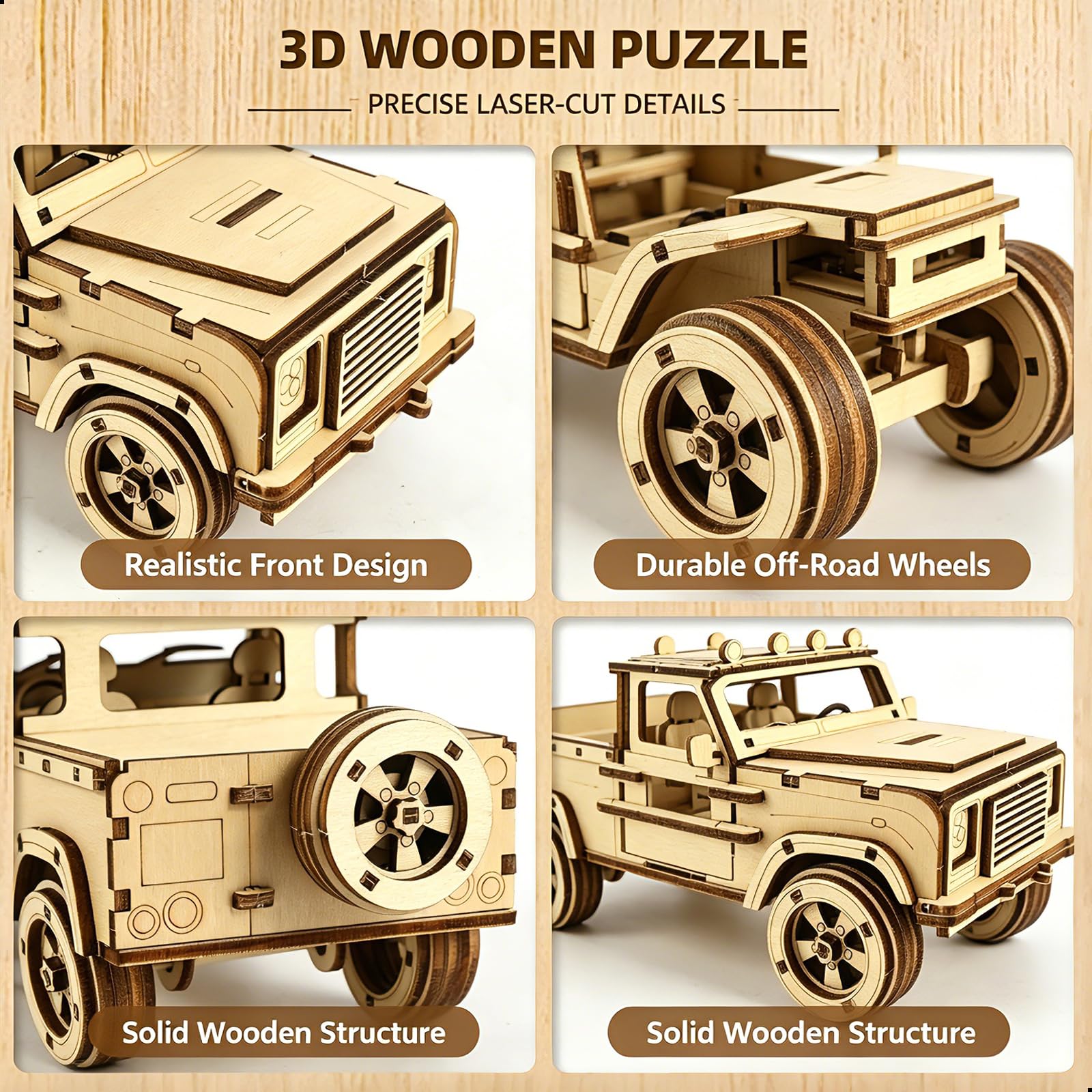 KOLOTESAME Vintage Off-Road Pickup Truck DIY 3D Wooden Puzzle Model, Classic Pickup Car Wooden Model Kit with Moving Doors & Wheels, 152 Pieces Craft
