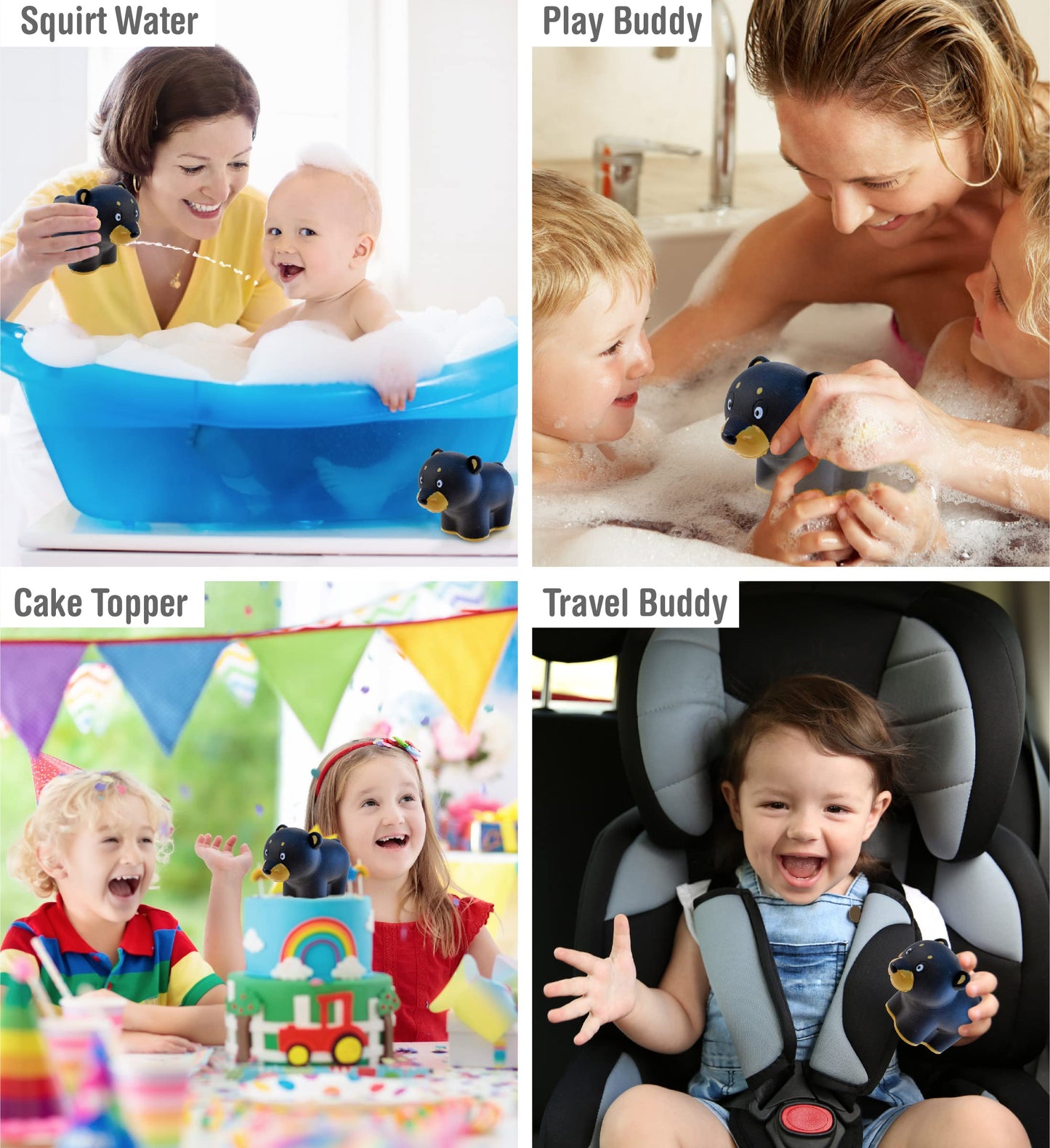 DolliBu Black Bear Bath Buddy Squirter - Floating Black Bear Rubber Bath Toy, Fun Water Squirting Bathtime Play for Toddlers Cute & Soft Wild Life