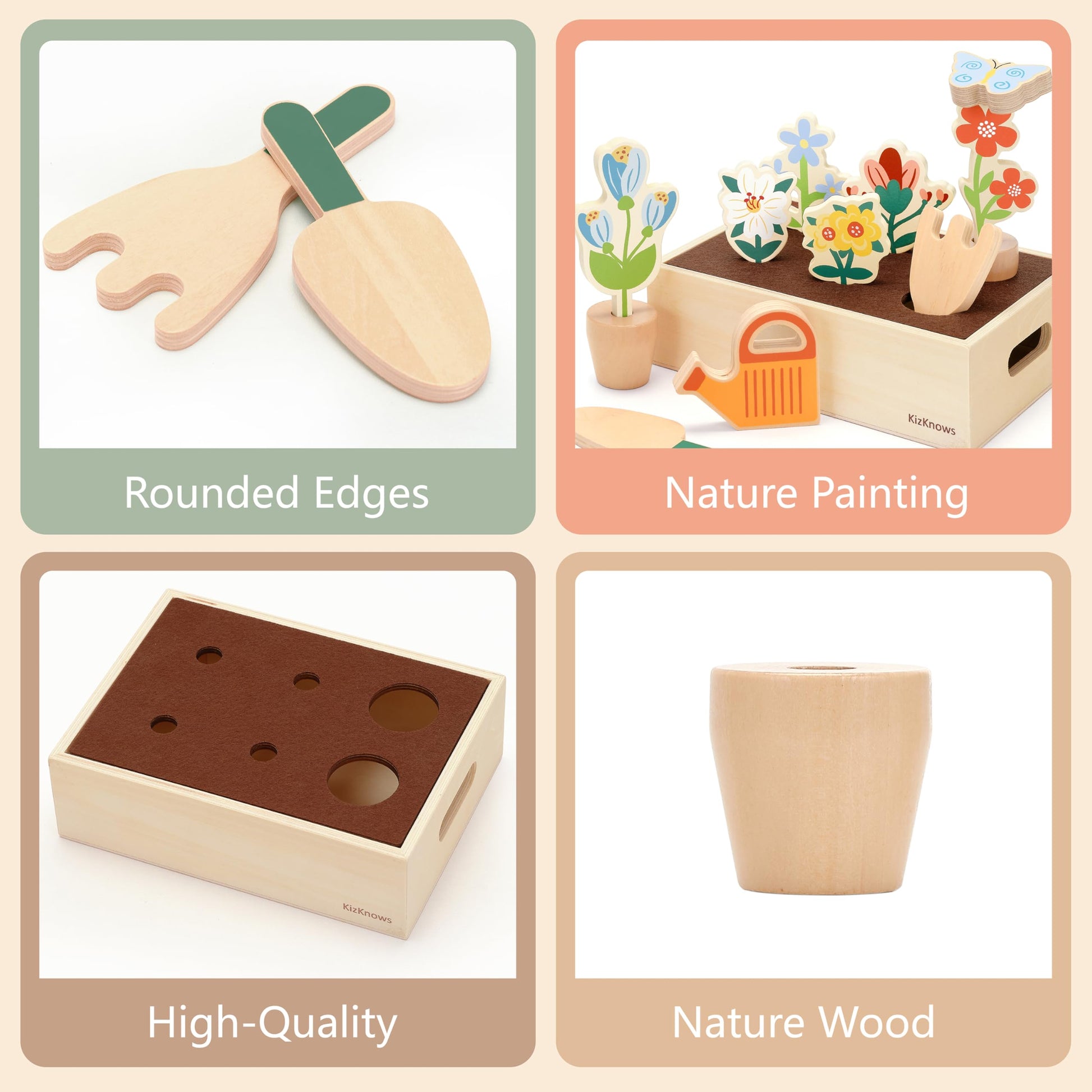 KizKnows Wooden Flower Garden Toy & Toddler Gardening Set for Kids Ages 3-5