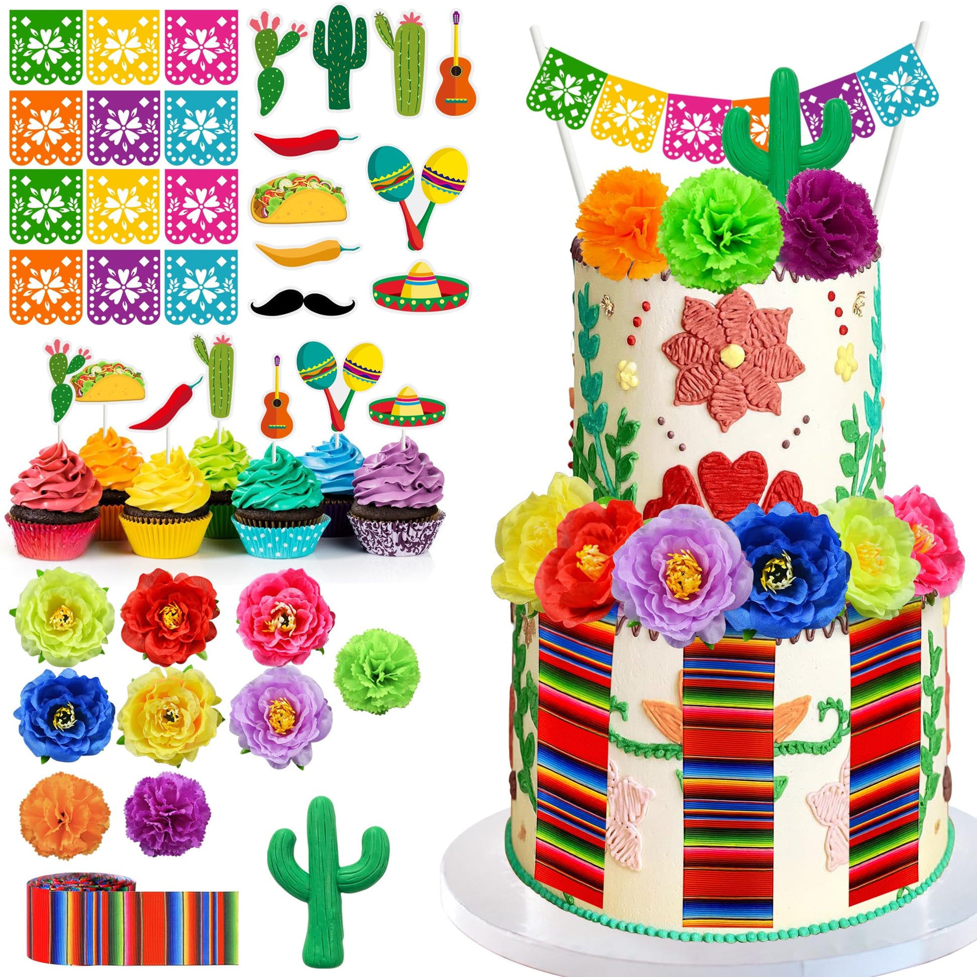 33 PCS Mexican Fiesta Cake Topper Mini Mexican Papel Picado Banner Cactus Pepper Sombrero and Flower Cake Decor for Mexican Themed Party Decorations
