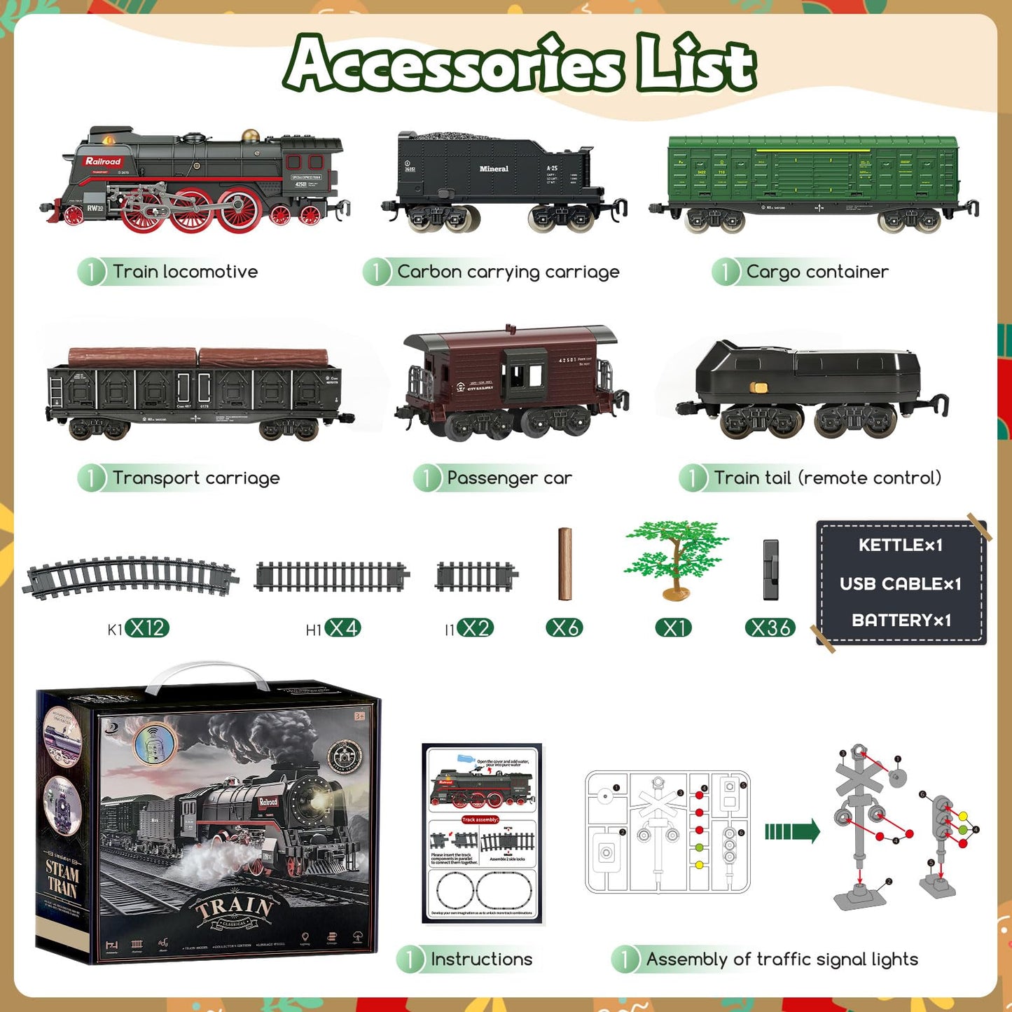 Christmas Electric Remote Control Train Set with Smoke, Lights, Sound, Locomotive, Cars and Remote Carriage, 3 Smoke Outlets, USB Rechargeable,