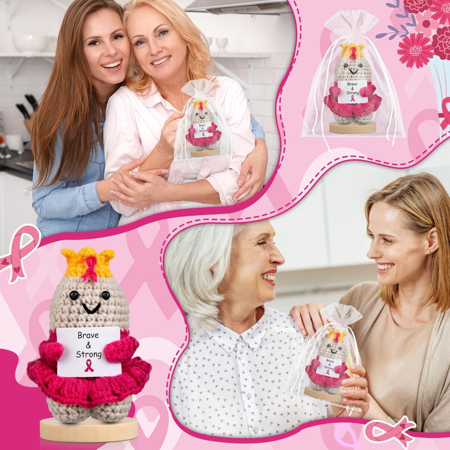 Gosodeny Breast Cancer Awareness Pink Ribbon Knitted Dolls Set Breast Cancer Gift for Women Cancer Warrior Fighter Charity Party Favors Emotional