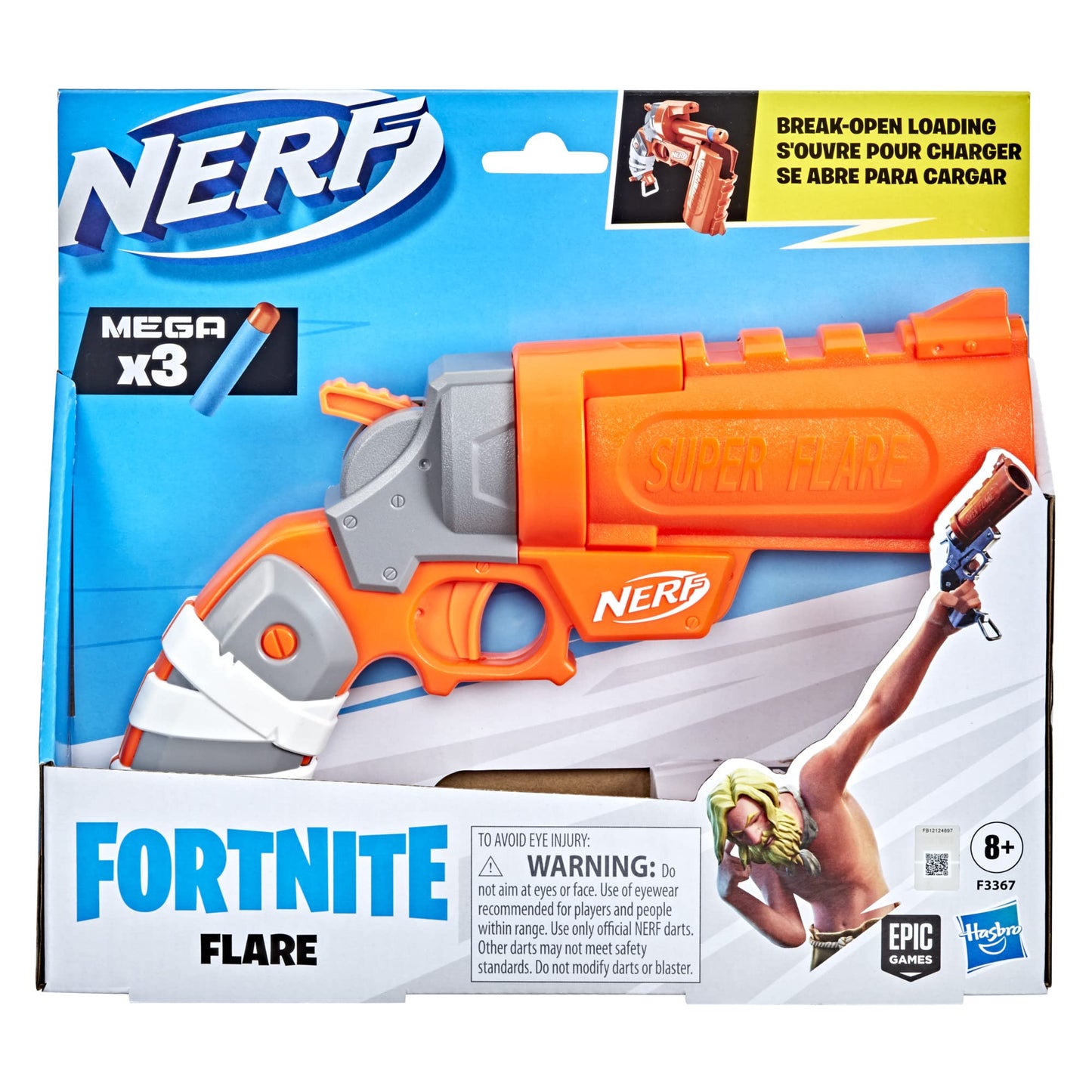 Nerf Fortnite Flare Dart Blaster, Break-Open Dart Loading, Includes 3 Mega Darts that Whistle Through the Air, Pull-Down Priming Handle