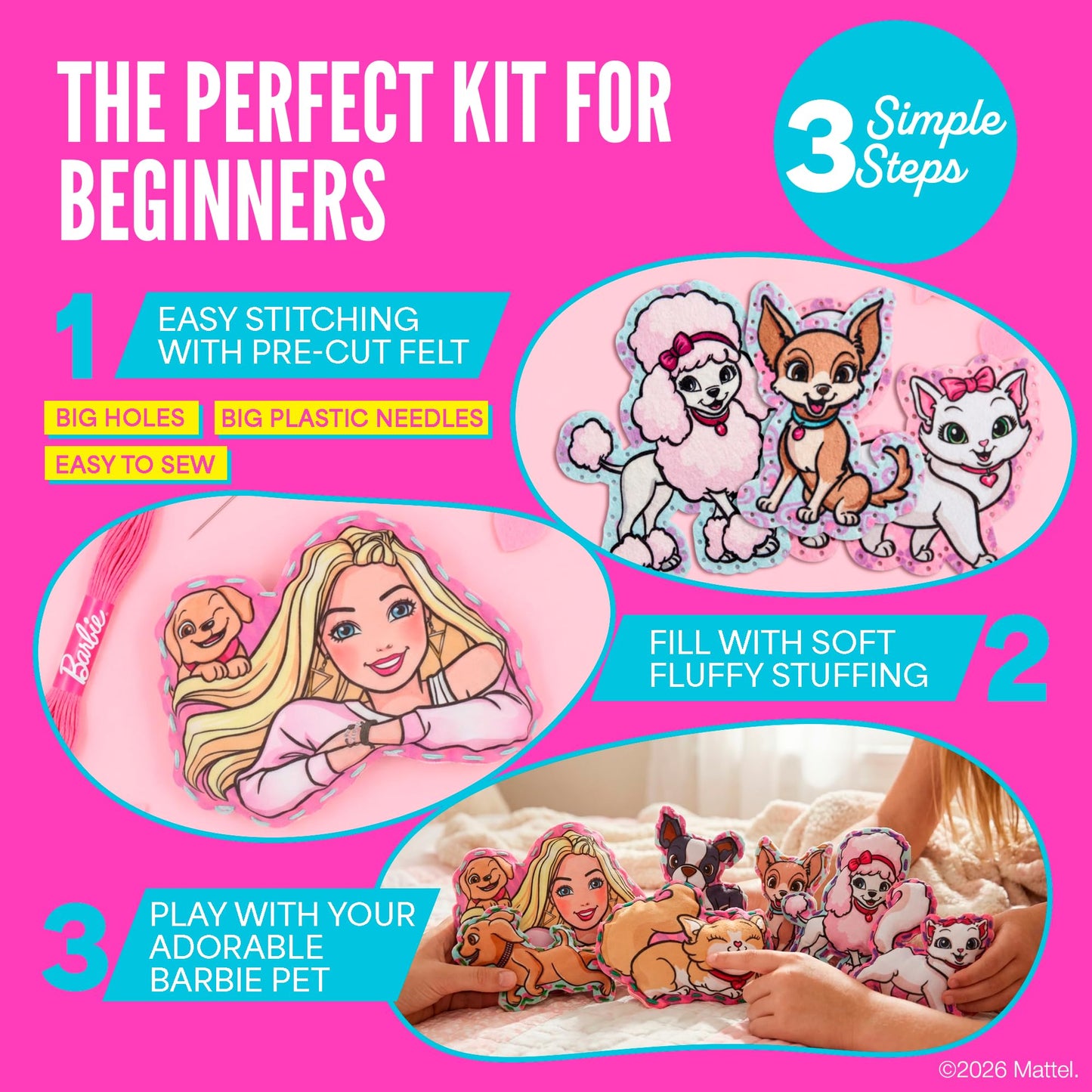 Barbie® Sewing Kit for Kids Ages 6-12 - Kids Sewing Kit | Sew Your Own Puppy & Kitten Felt Pet Stuffed Animal | Beginner Craft Gift for Girls