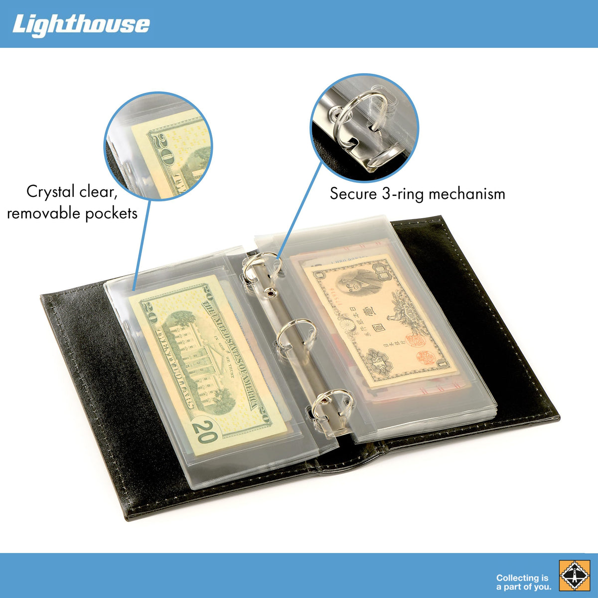 Lighthouse - Small Currency Album for Un-Graded Raw Banknotes and Currency Sleeves - Classic Leatherette Handmade 3-Ring Binder with 20 Pages