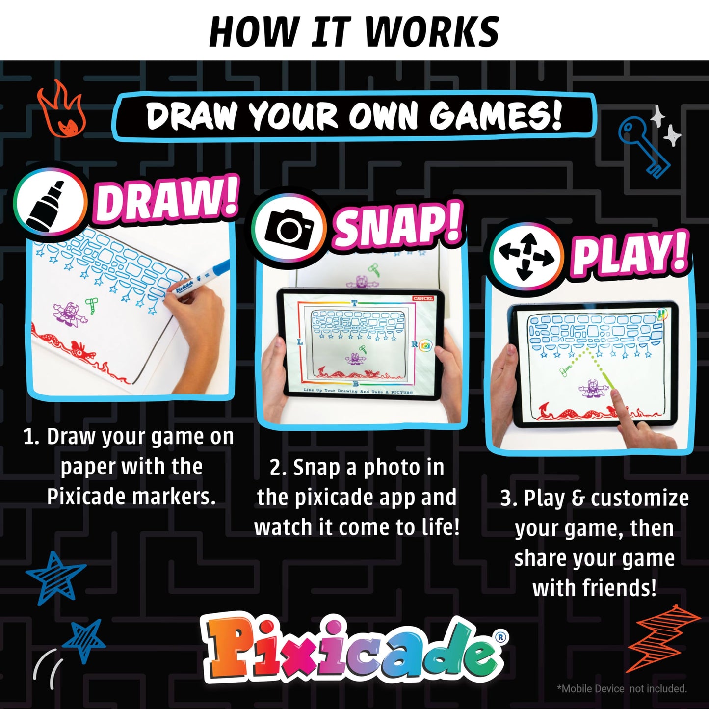 Abacus Brands Pixicade! Turn Drawings Into Playable Video Games! | Doodle & Draw, Snap Play & Share Instant Video Games! | Mobile Video Game Maker and