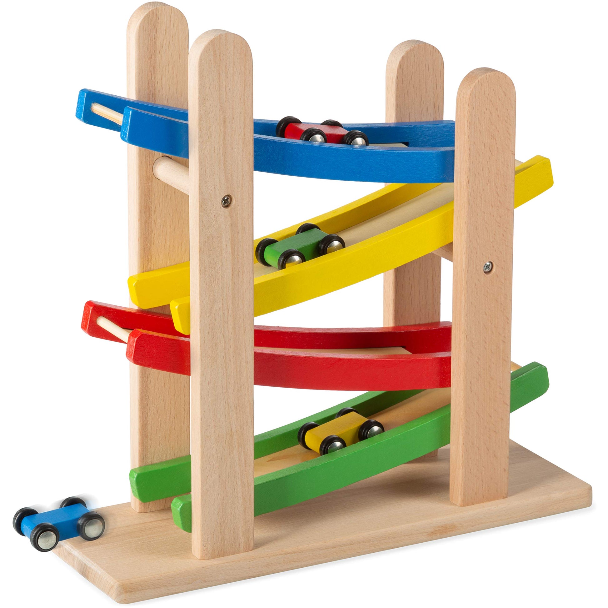 Play22 Wooden Car Ramps Race - 4 Level Toy Car Ramp Race Track Includes 4 Wooden Toy Cars - My First Baby Toys - Toddler Race Car Ramp Toy Set is