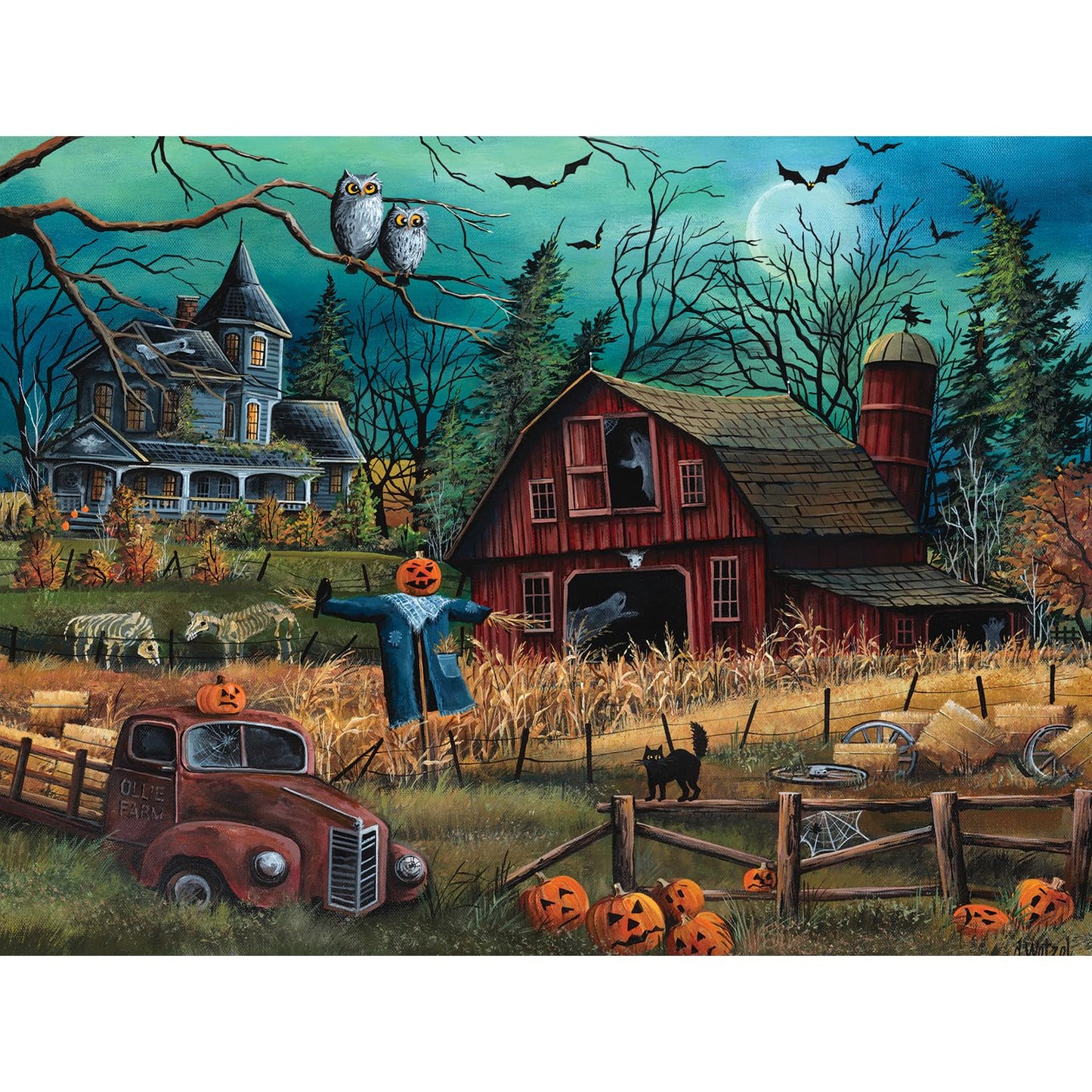 Bits and Pieces 300 Piece Puzzles for Adults 300 Large Pieces 18" x 24" Jigsaw Puzzles, Halloween Farm Scarecrow Haunted House, Random Die Cut, No 2