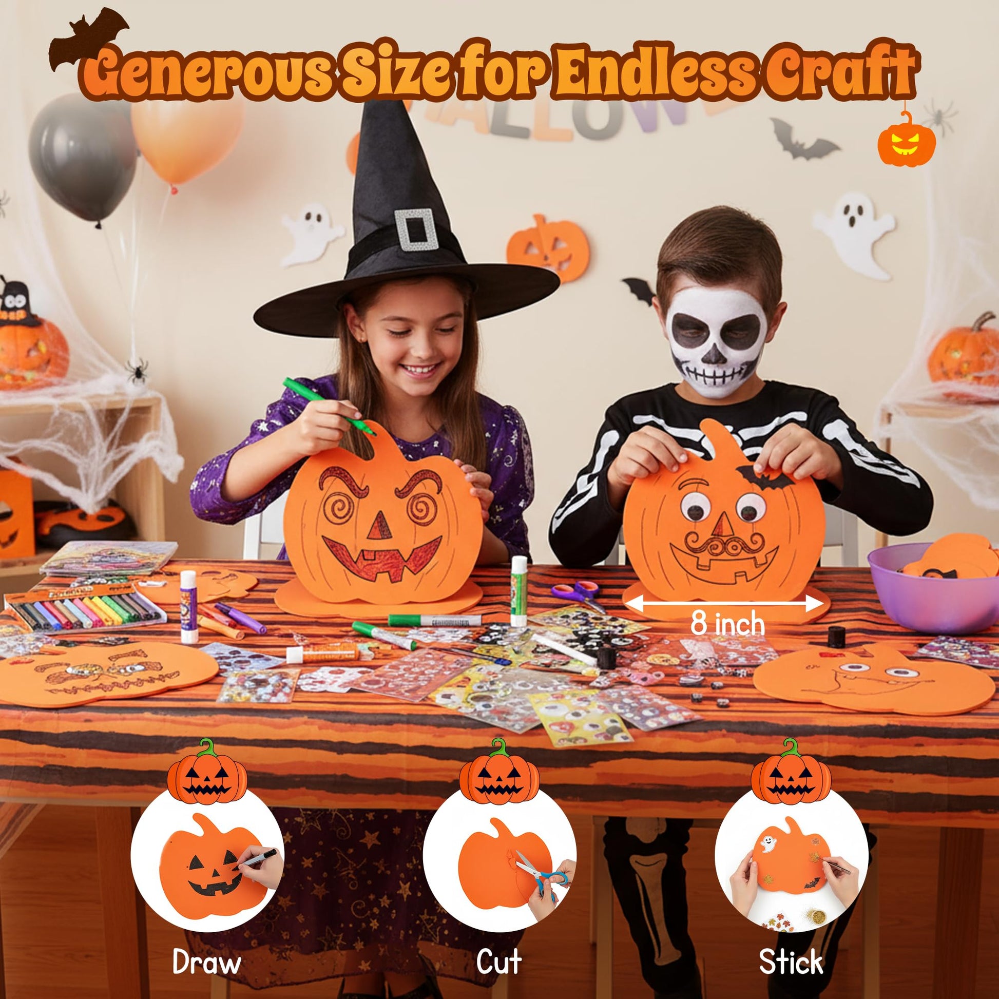 4E's Novelty Foam Pumpkins Craft (24 Pack) Large 8 Inch Foam Pumpkin Shapes Cutout Crafts for Kids Toddlers, Bulk Fall Halloween Craft Kits