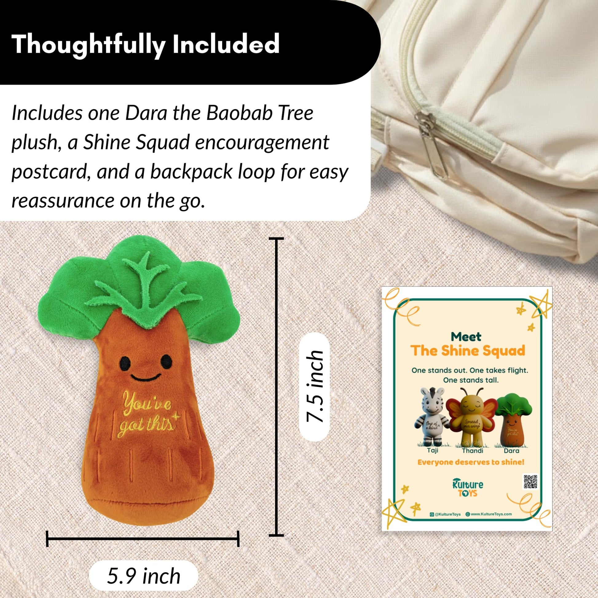 Kulture Games - Tree Stuffed Animal - Soft Baobab Tree Plush Toy for Kids & Adults - Cute Encouraging Tree Gift with Backpack Loop - Brown Green Tree