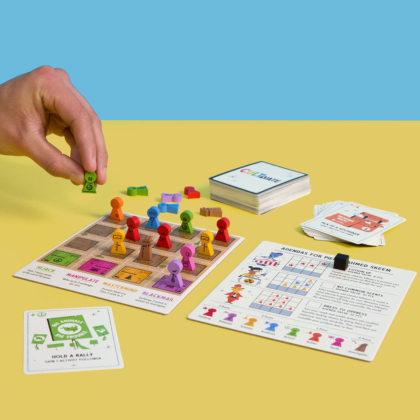Cultivate Board Game | Award-Winning | Satirical Cult Leaders | Casual Board Game | Take-That | Ages 14+ | for 2-5 Players | 20-50 Min Playtime | Made