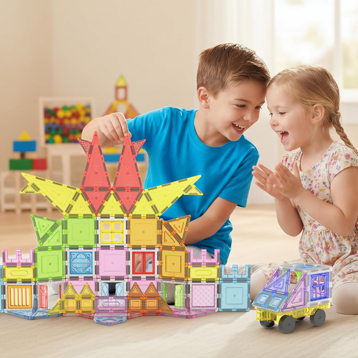 PicassoTiles 100PC Full Size & Travel Magnetic Tile Playset with Toy Bag