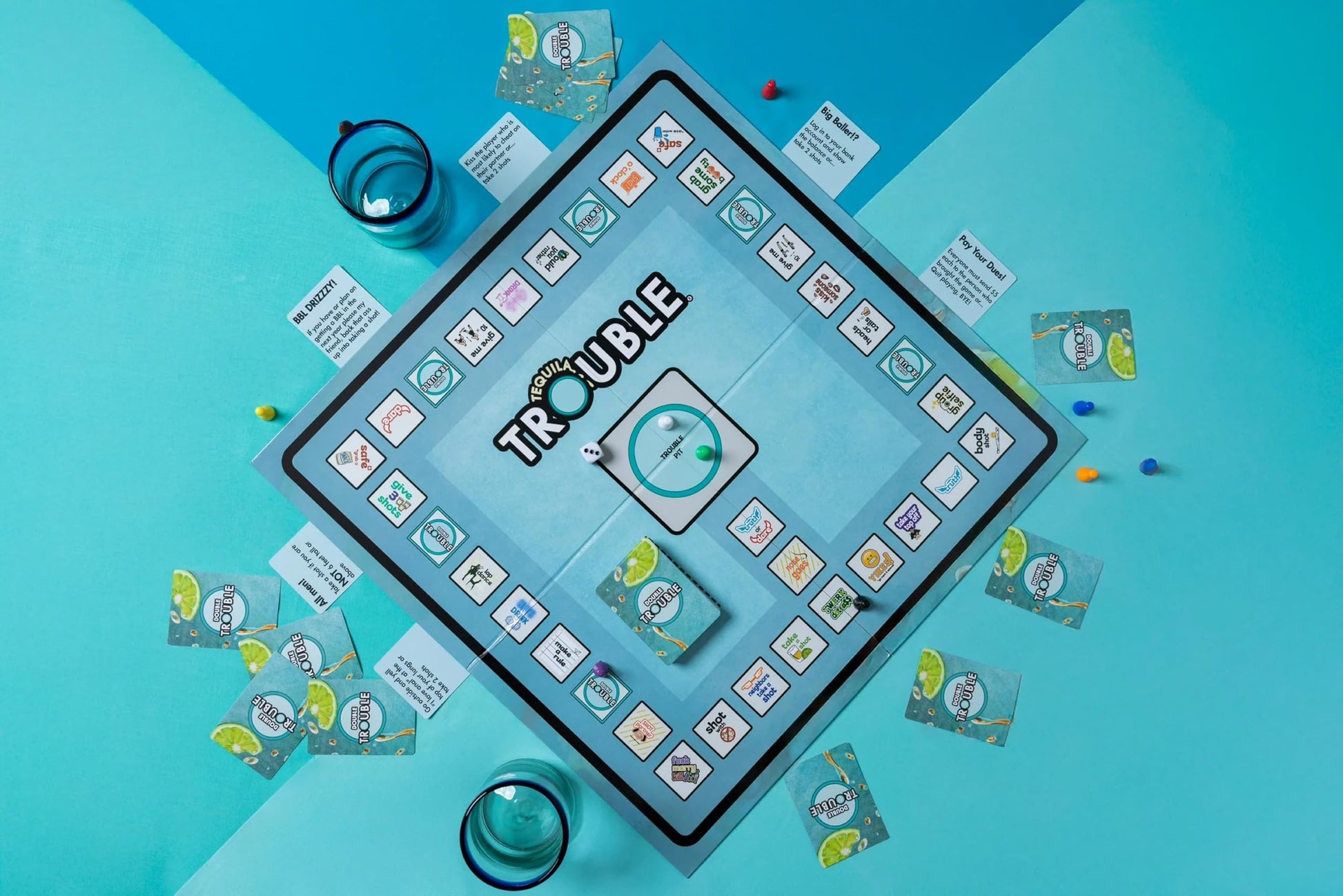 Tequila Trouble Drinking Board Game | Adult Drinking Game for Parties | 2-16 Players | Age 21+ | Double Trouble Dare Cards | Game Night | Bachelorette