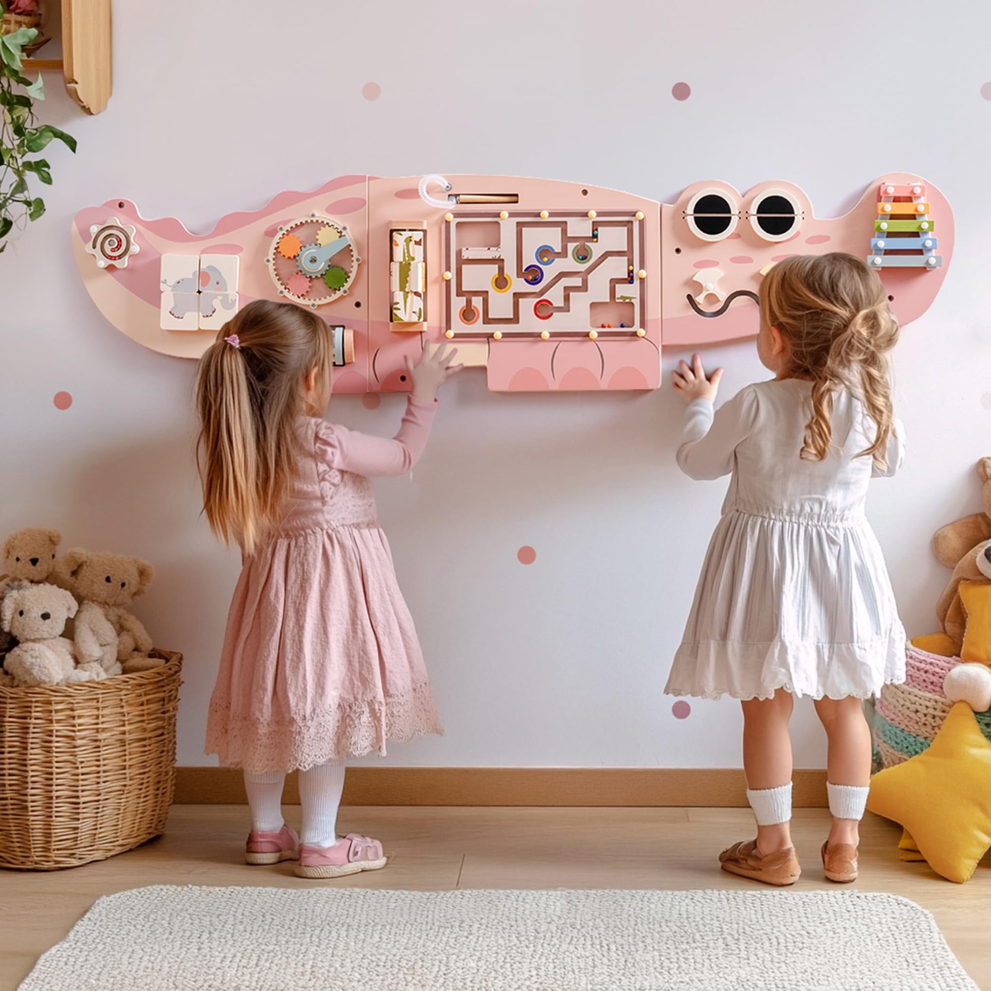 ROBOTIME Crocodile Busy Board Wall Panels for Toddlers, Pink Montessori Sensory Activity Board, Montessori Sensory Wall-Mounted Learning Center Toy
